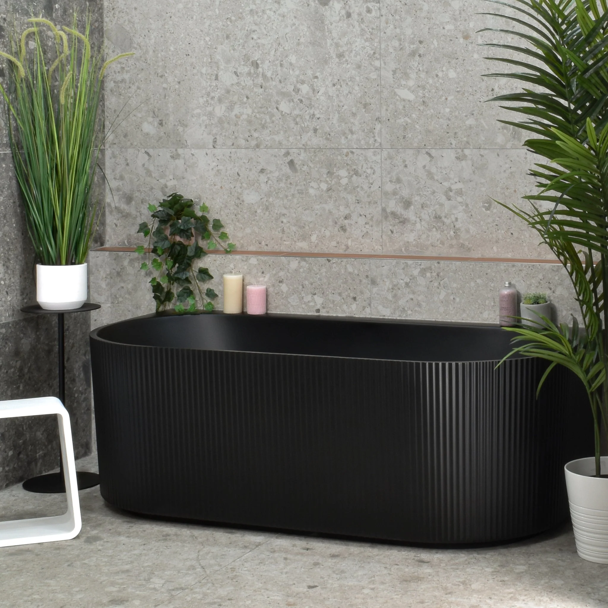 Brighton Groove 1500mm Fluted Oval Freestanding Back to Wall Bath, Matte Black - Image 2
