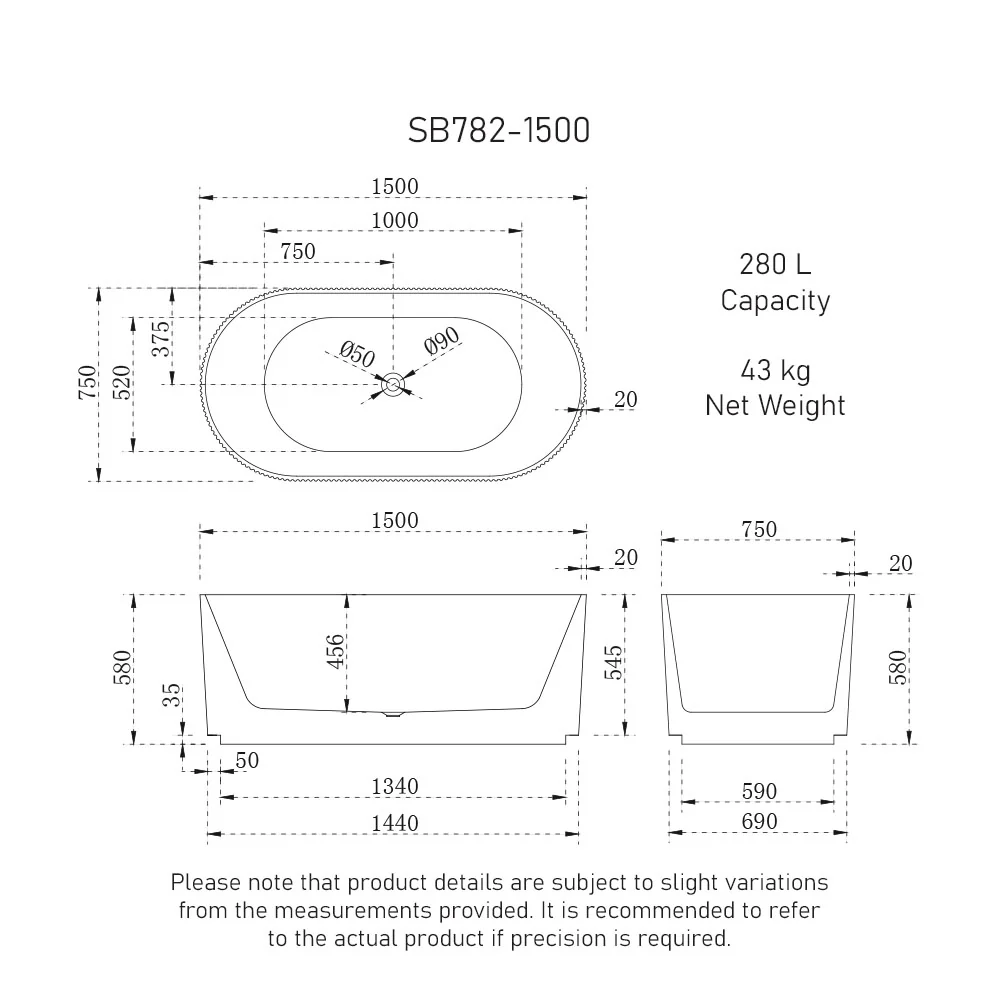 *CLEARANCE STOCK* Brighton Groove 1500mm Fluted Oval Freestanding Bath, Matte White - Image 9