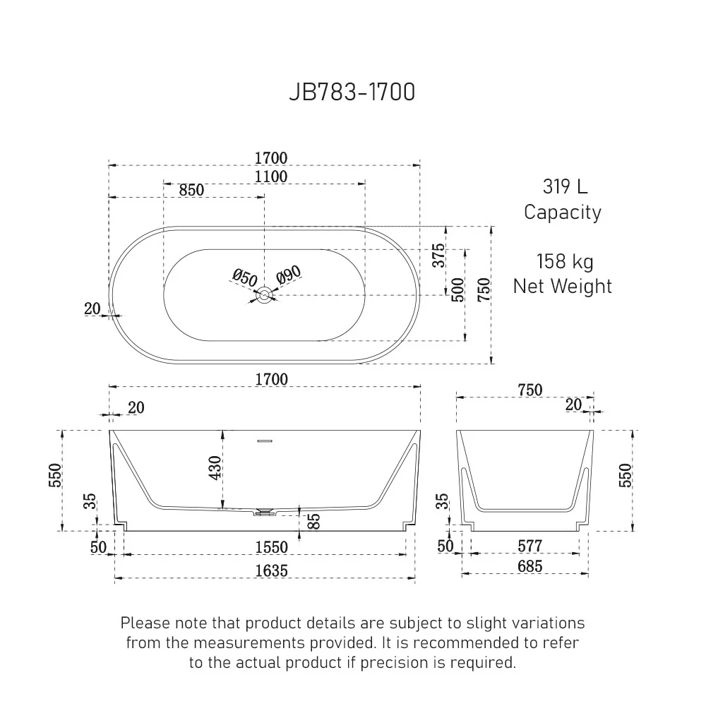 Brighton Groove 1700mm Fluted Oval Artificial Stone Freestanding Bath, Matte White - Image 4