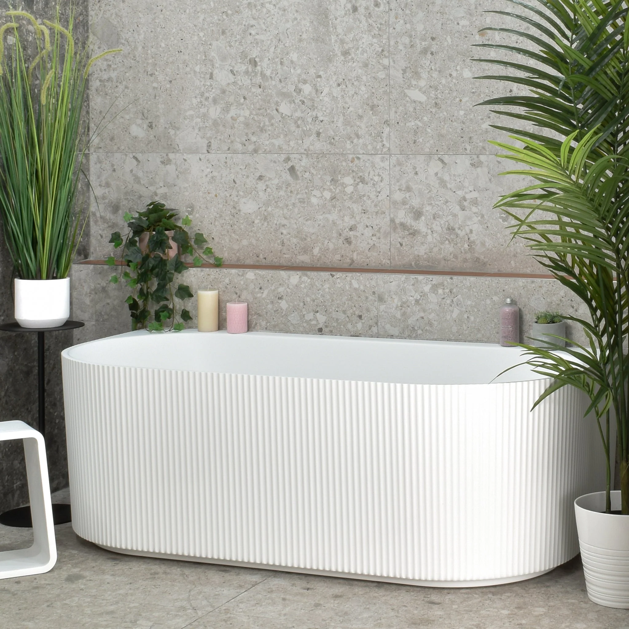 Brighton Groove 1700mm Fluted Oval Freestanding Back to Wall Bath, Matte White - Image 3