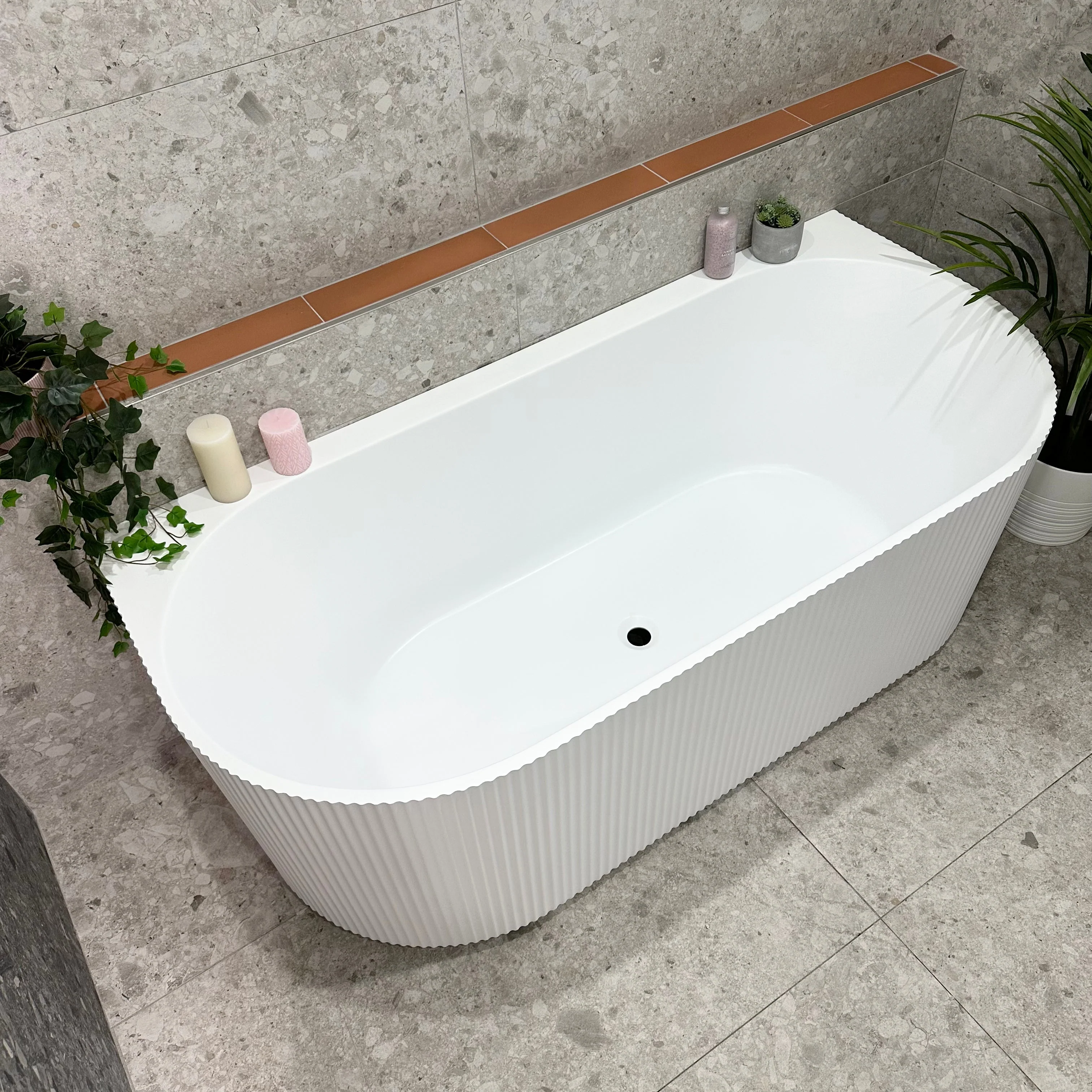 Brighton Groove 1700mm Fluted Oval Freestanding Back to Wall Bath, Matte White - Image 4