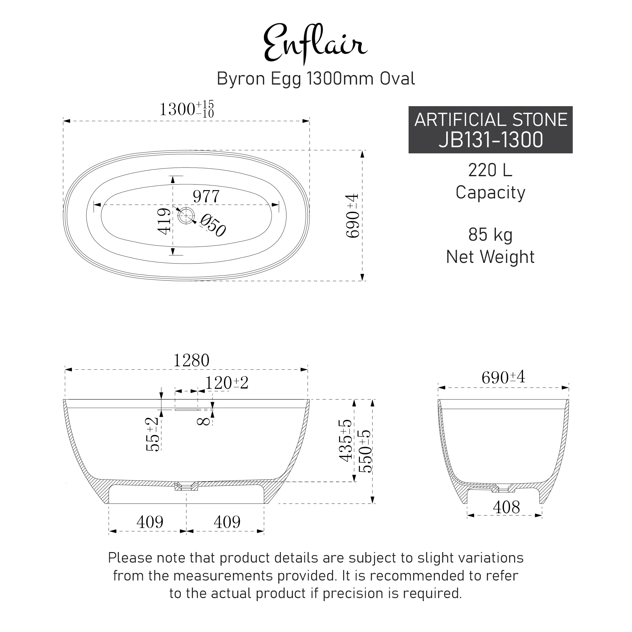 Byron Egg 1300mm Oval Artificial Stone Freestanding Bath, Matte White - Image 4