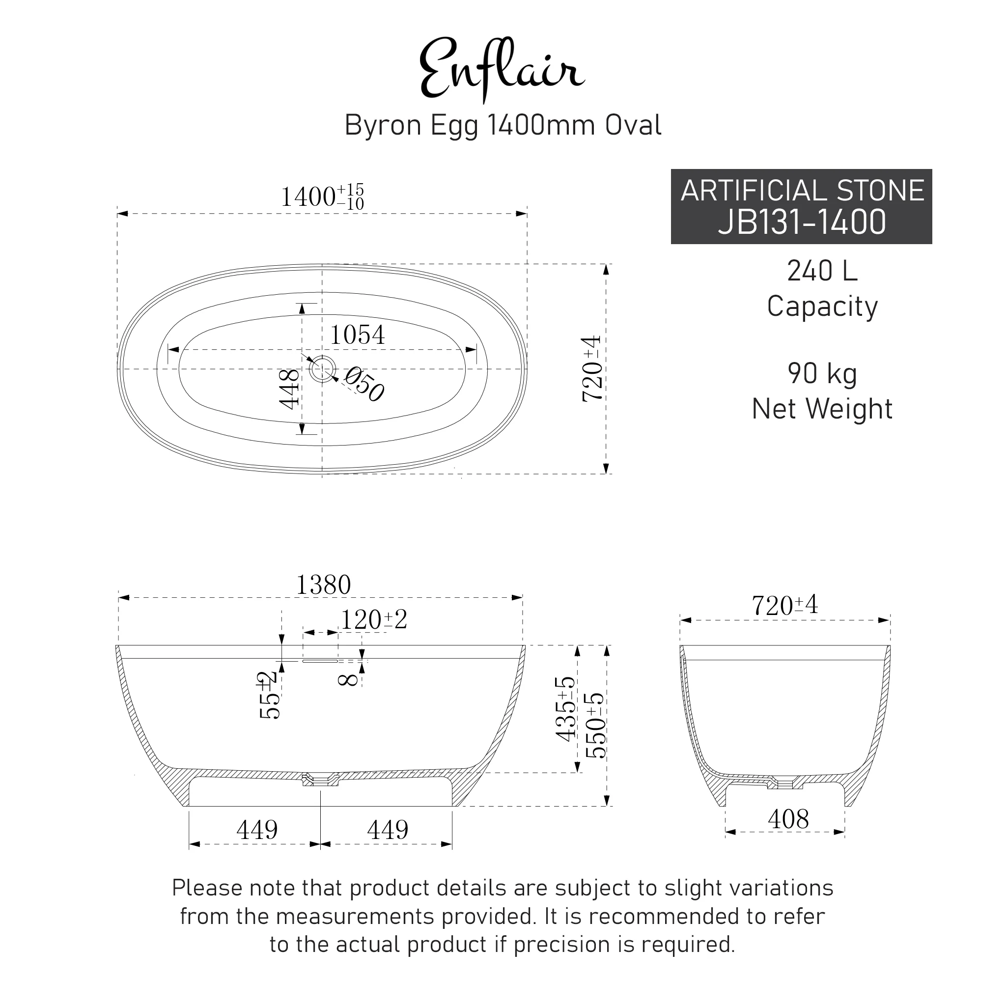 Byron Egg 1400mm Oval Artificial Stone Freestanding Bath, Matte Black - Image 7