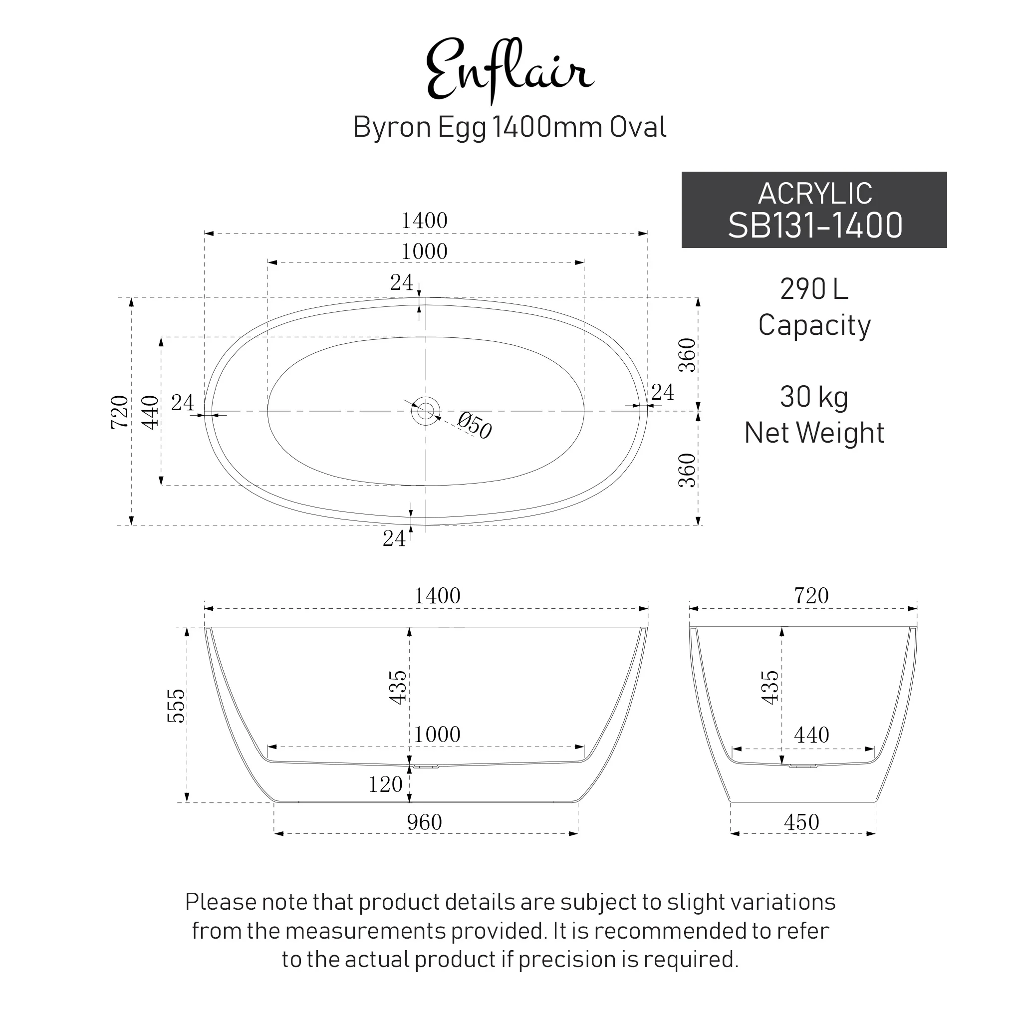 Byron Egg 1400mm Oval Freestanding Bath, Gloss White - Image 10
