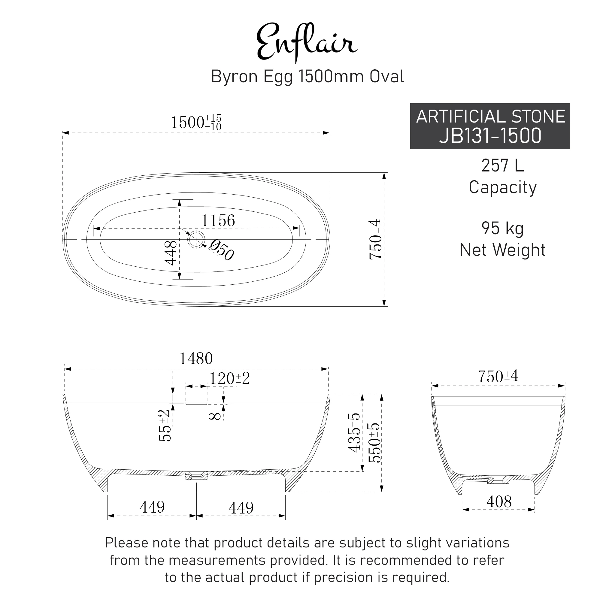 Byron Egg 1500mm Oval Artificial Stone Freestanding Bath, Matte White - Image 4