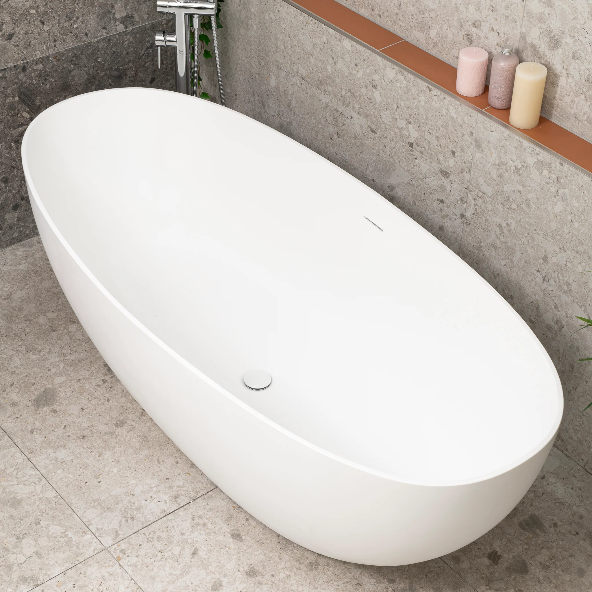 Byron Egg 1700mm Oval Artificial Stone Freestanding Bath, Matte White - Image 3