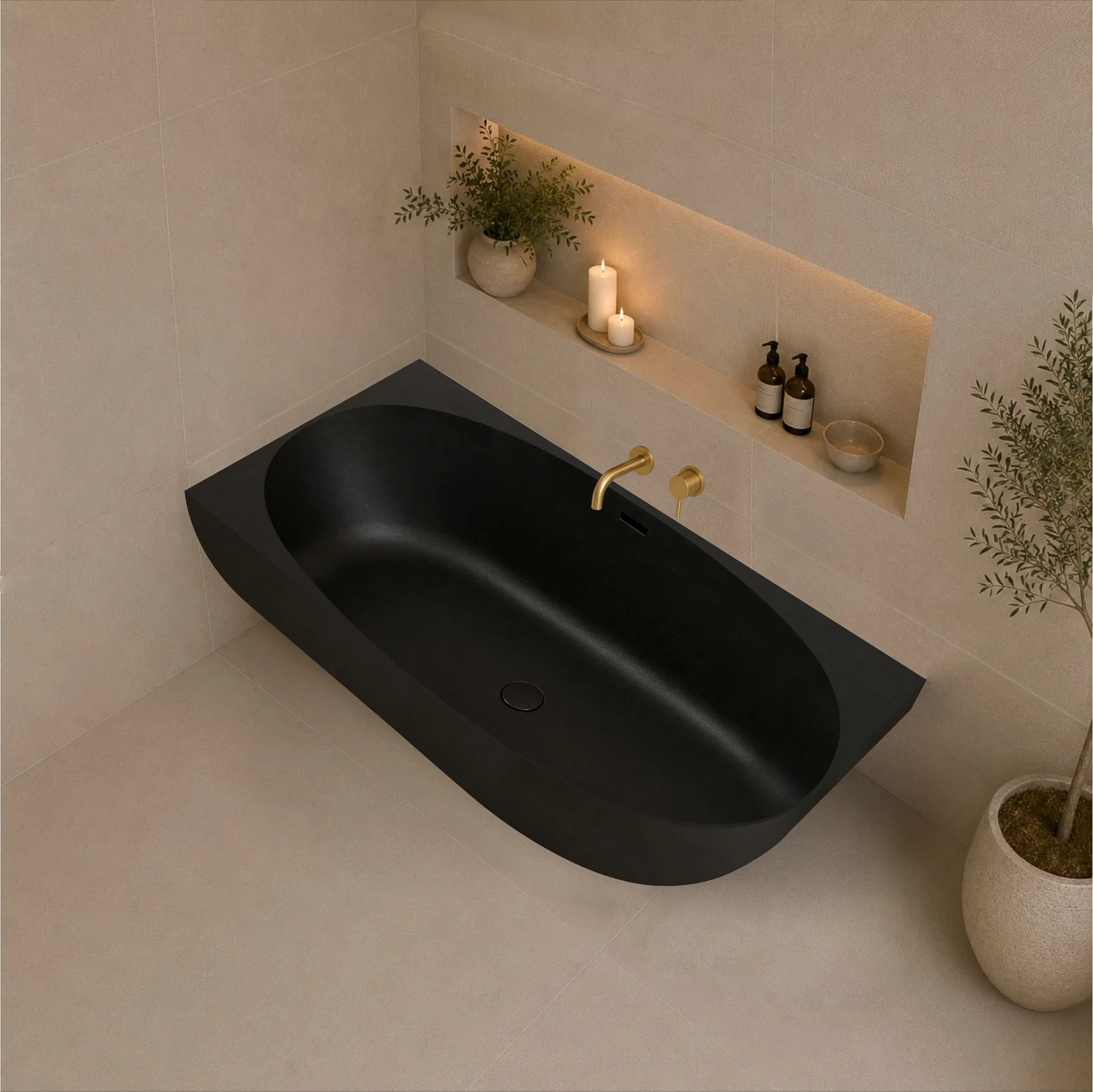 Byron Egg 1700mm Left Corner Artificial Stone Freestanding Bath, Matte Black - Image 2