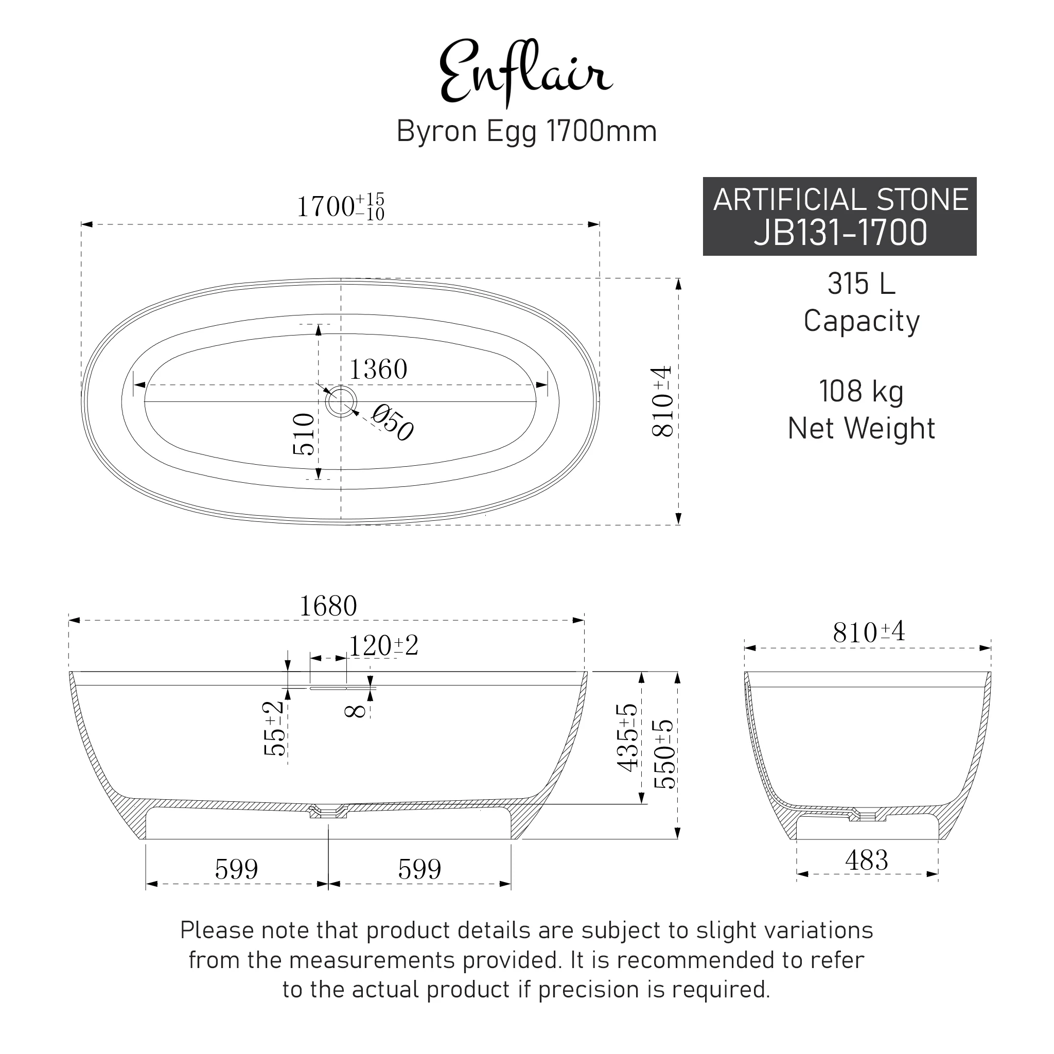Byron Egg 1700mm Oval Artificial Stone Freestanding Bath, Matte White - Image 7