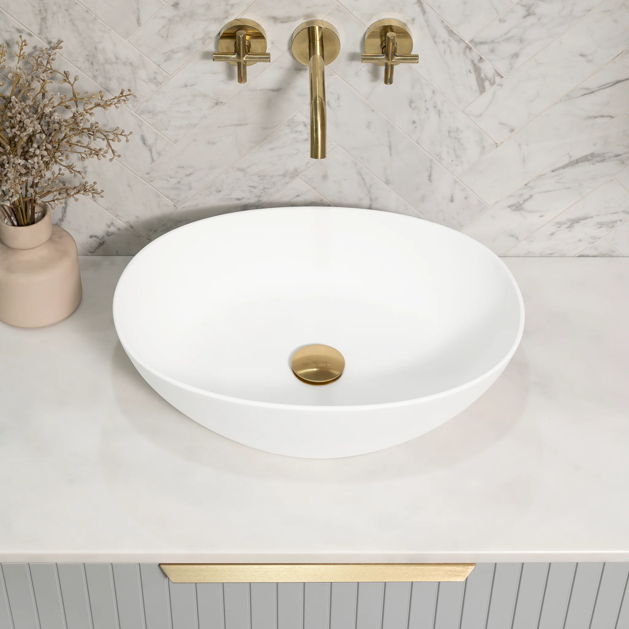 Byron Egg Oval 480mm x 350mm Artificial Stone Above-Counter Basin, Gloss White - Image 3