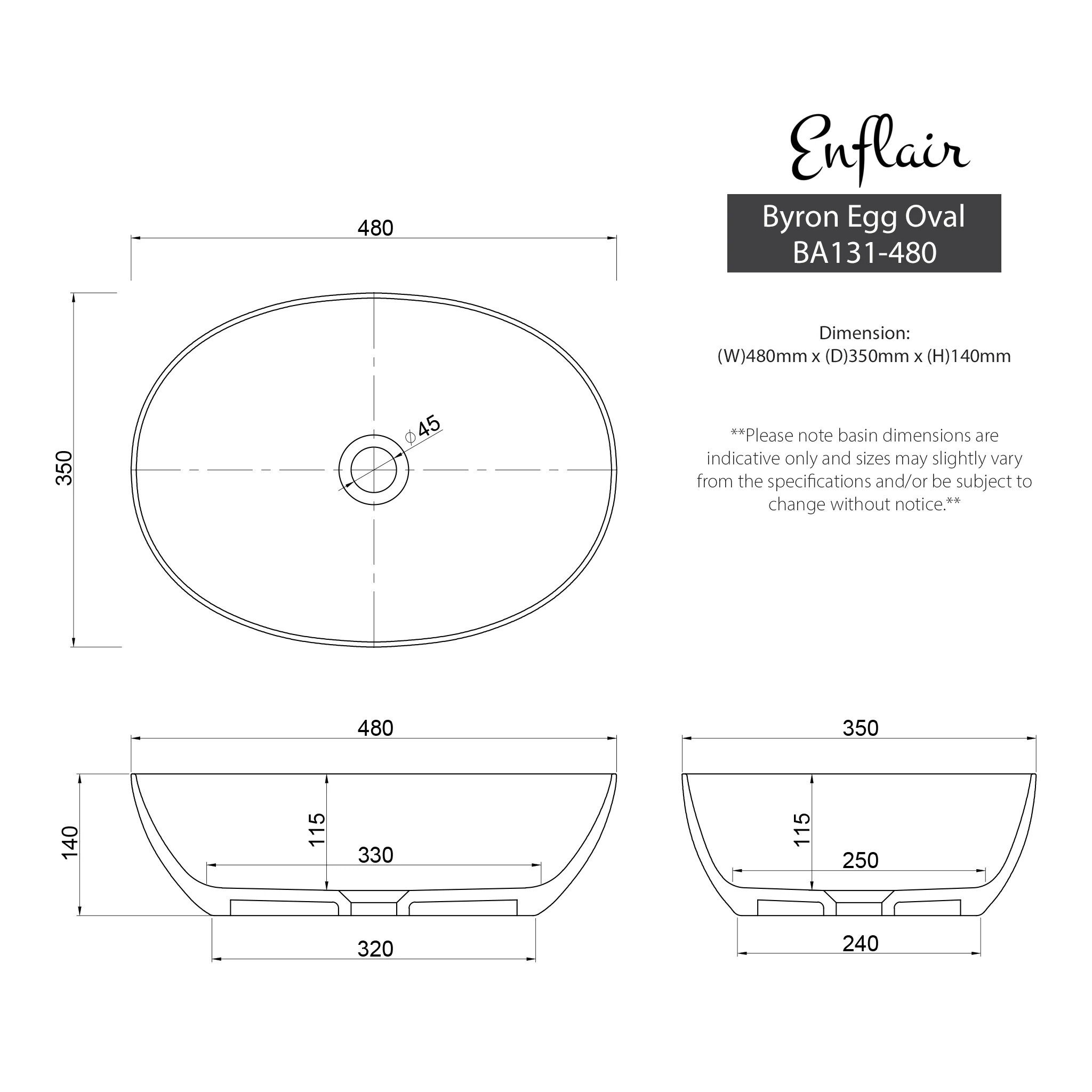 Byron Egg Oval 480mm x 350mm Artificial Stone Above-Counter Basin, Matte White - Image 4