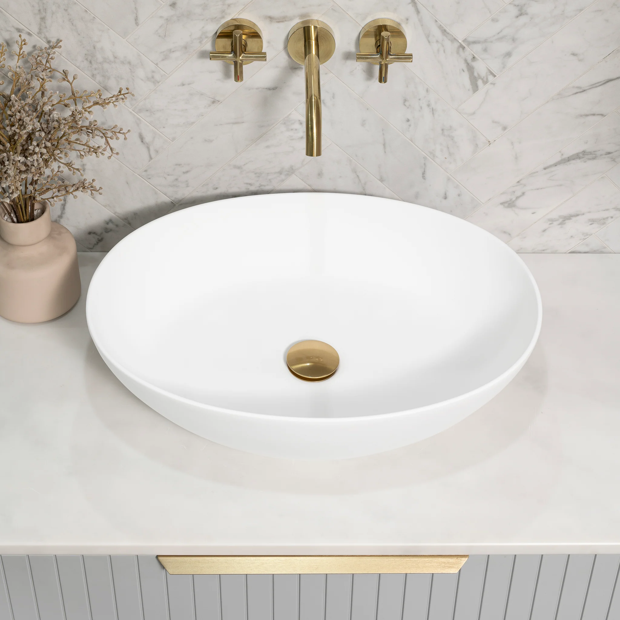 Byron Egg Oval 540mm x 400mm Artificial Stone Above-Counter Basin, Gloss White - Image 3