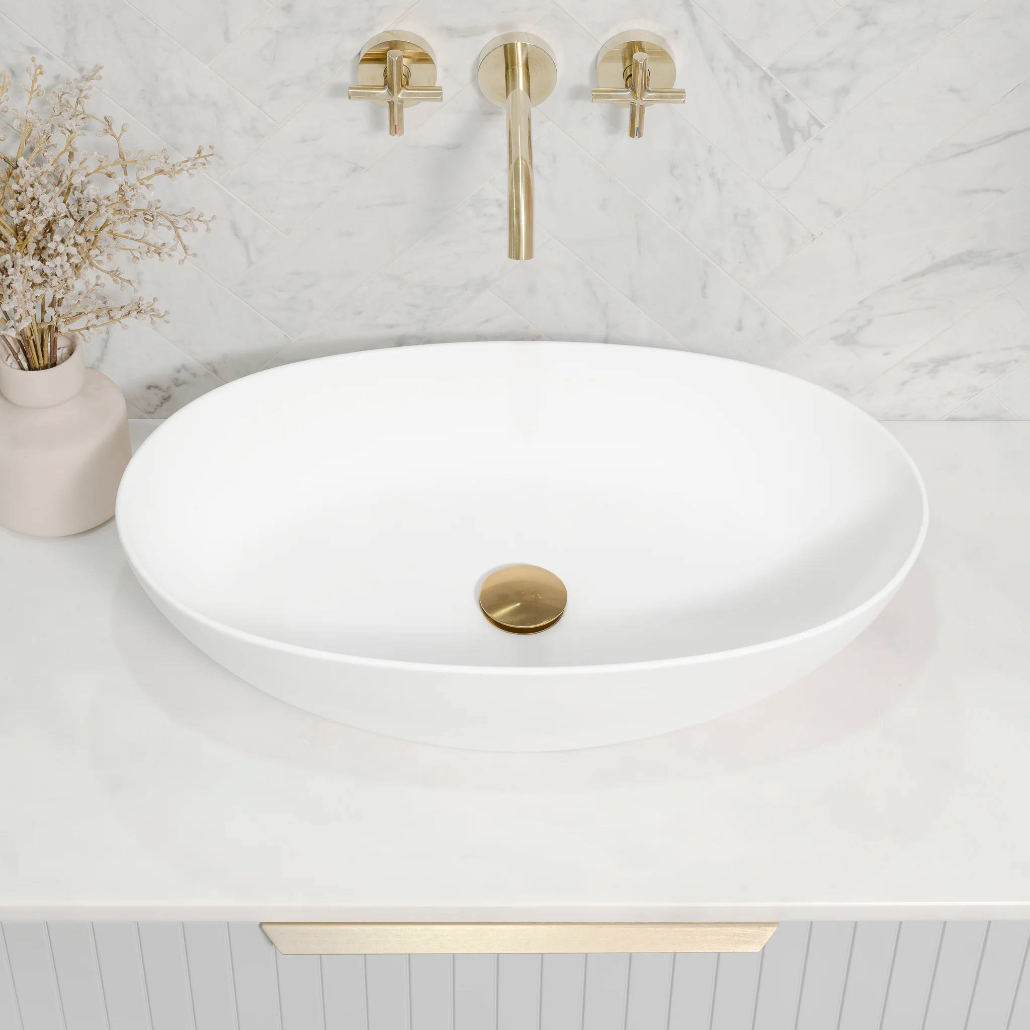 Byron Egg Oval 580mm x 350mm Artificial Stone Above-Counter Basin, Gloss White - Image 3