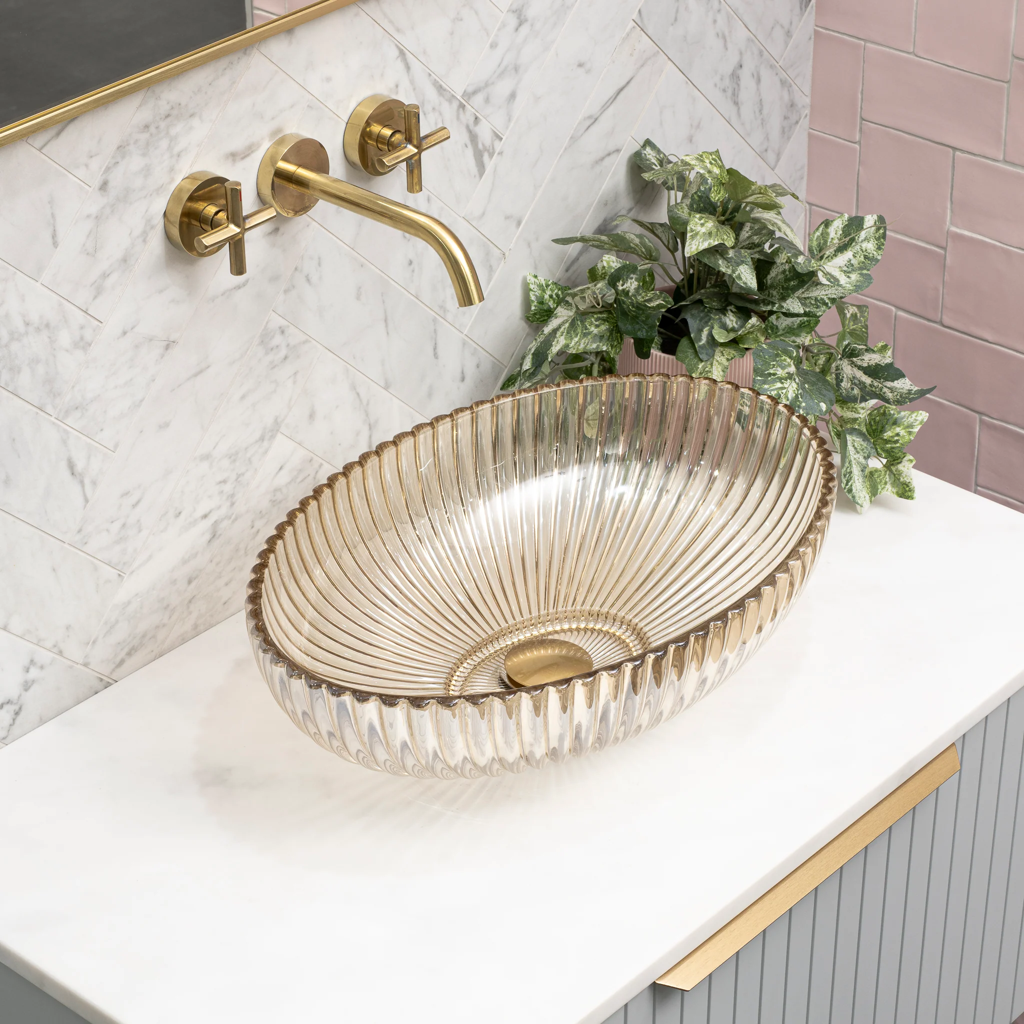 Capara 510mm X 350mm Above-Counter Glass Basin, Champagne Glass - Image 2