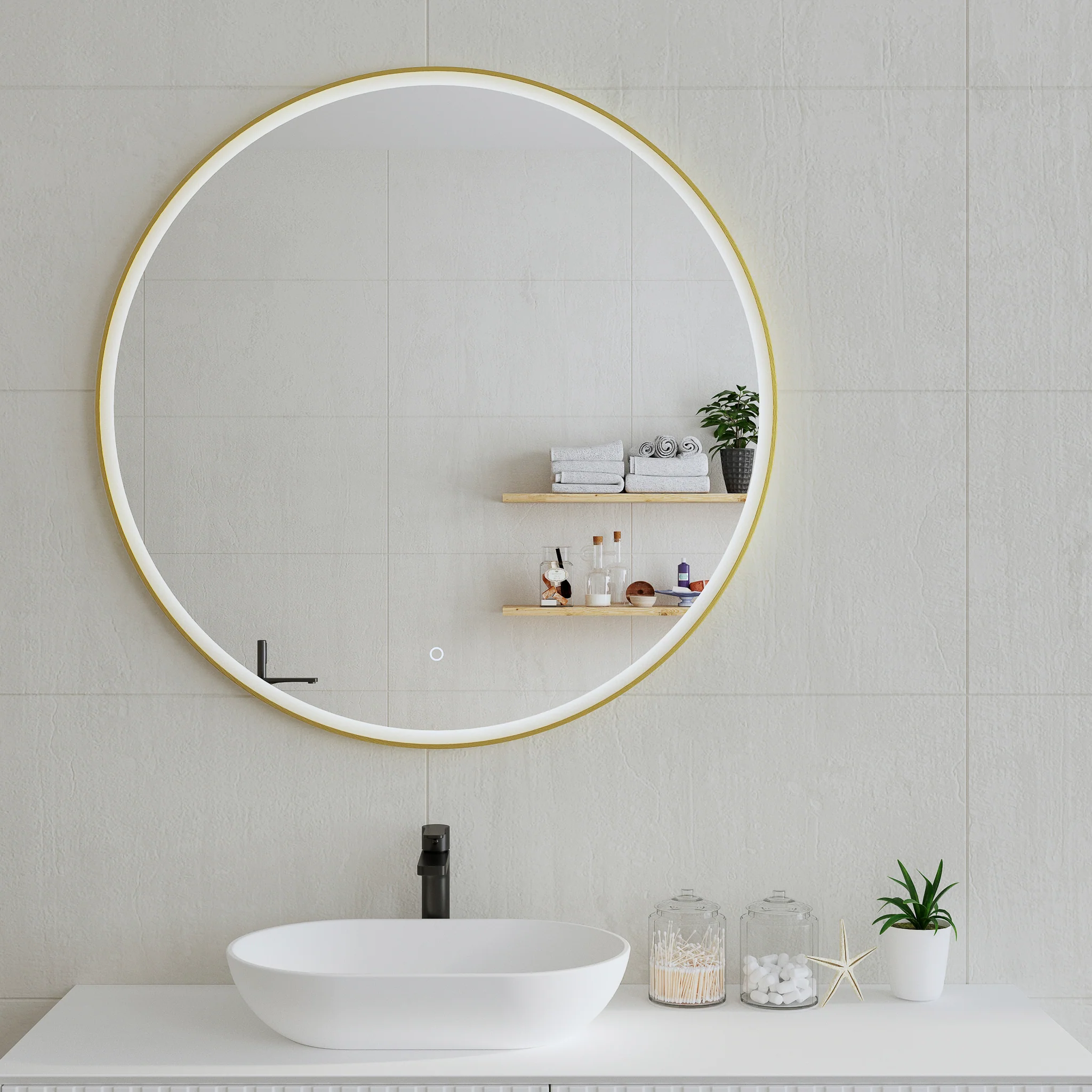 *Clearance* Circa Round 1000mm Frontlit LED Framed Mirror with Demister, Brushed Brass (Gold) Frame