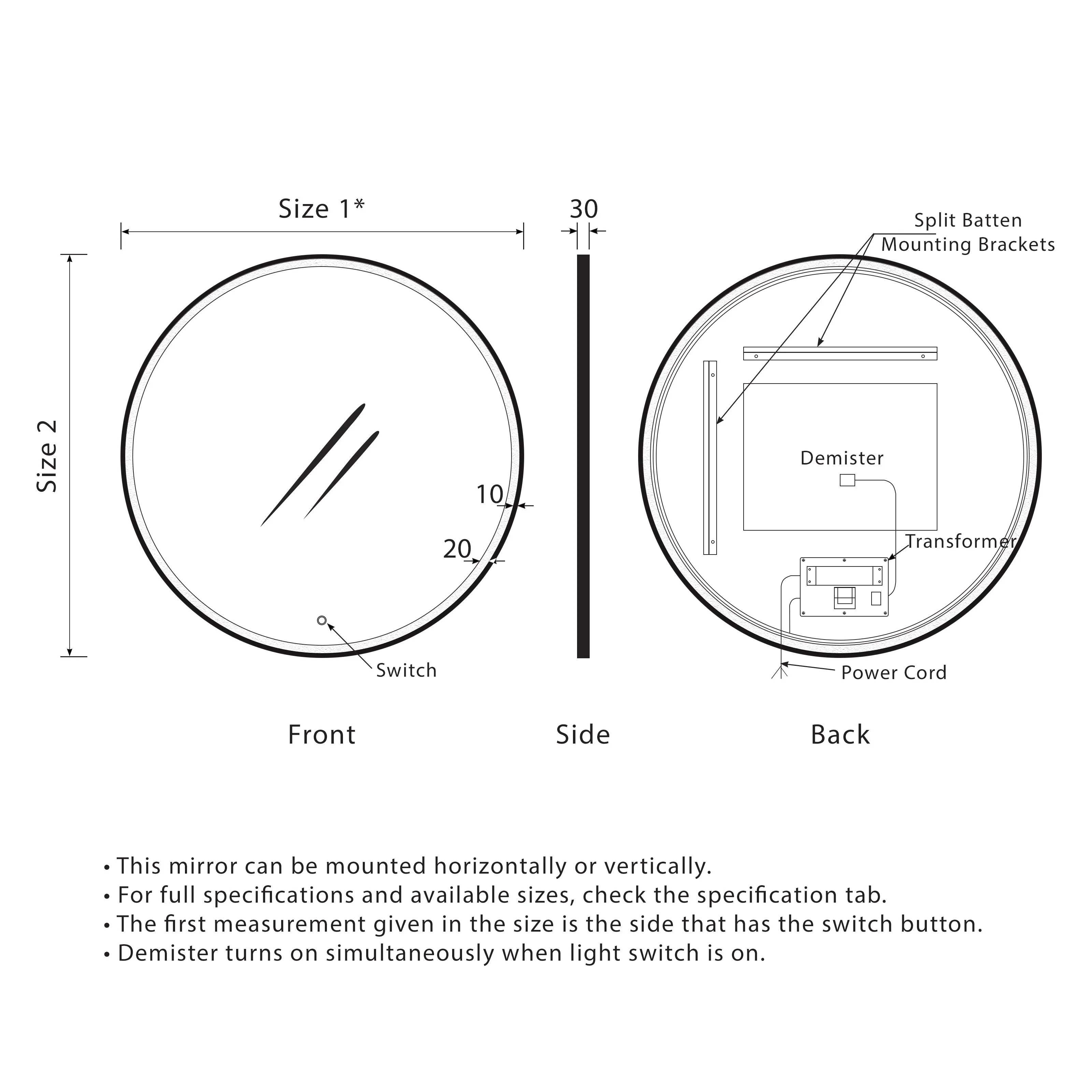 *Clearance* Circa Round 1000mm Frontlit LED Framed Mirror with Demister, Brushed Brass (Gold) Frame - Image 4