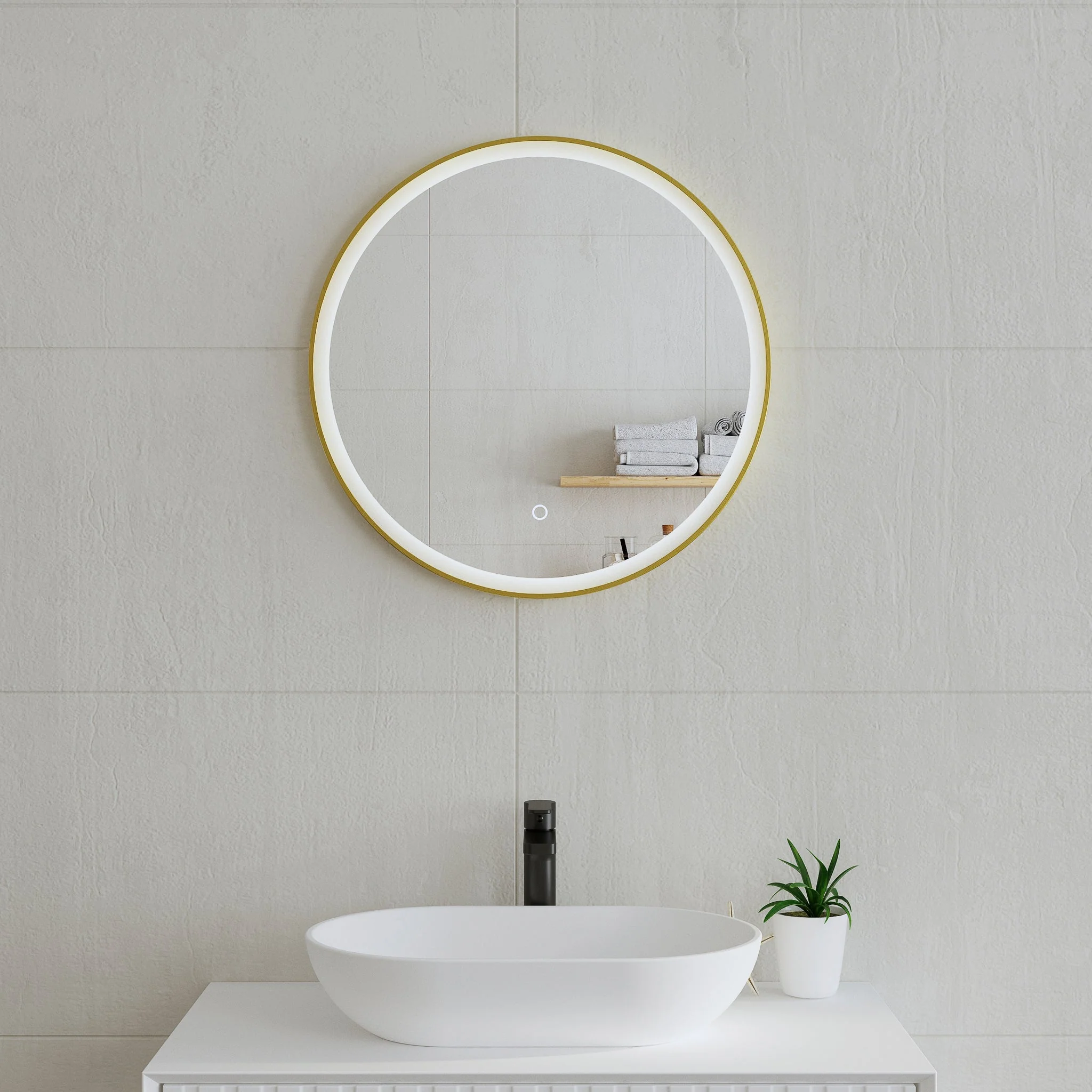 *Clearance* Circa Round 600mm Frontlit LED Framed Mirror with Demister, Brushed Brass (Gold) Frame