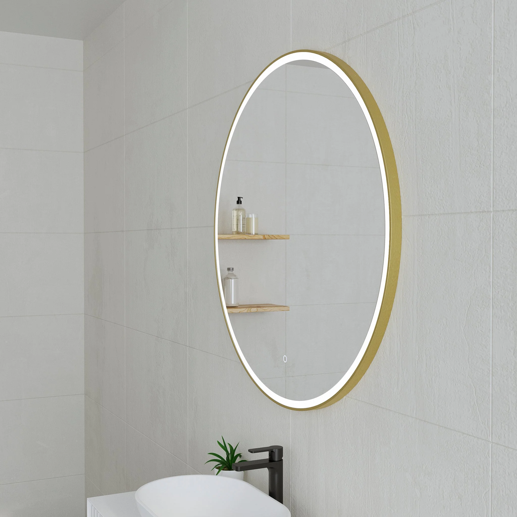 *Clearance* Circa Round 800mm Frontlit LED Framed Mirror with Demister, Brushed Brass (Gold) Frame