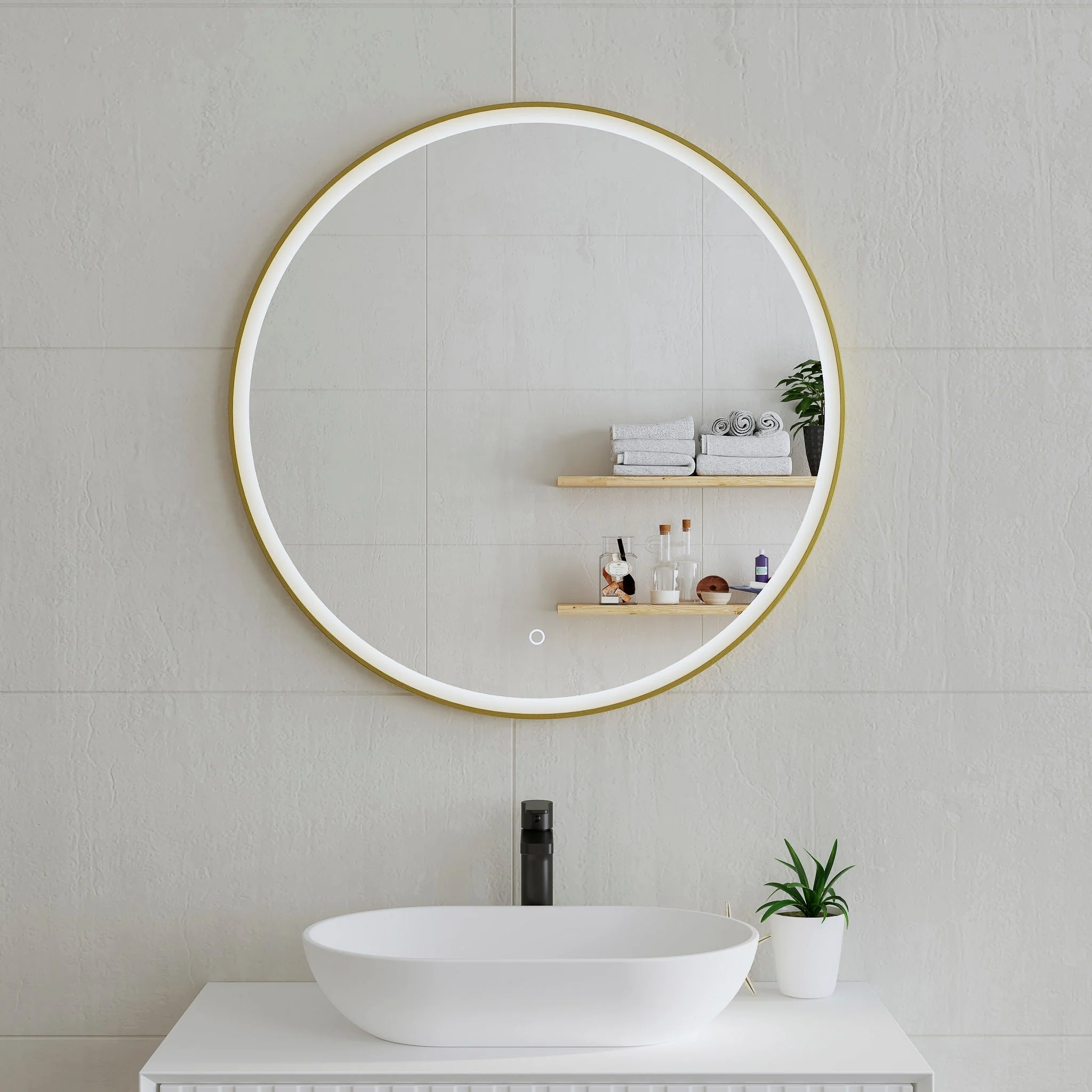 *Clearance* Circa Round 800mm Frontlit LED Framed Mirror with Demister, Brushed Brass (Gold) Frame - Image 2