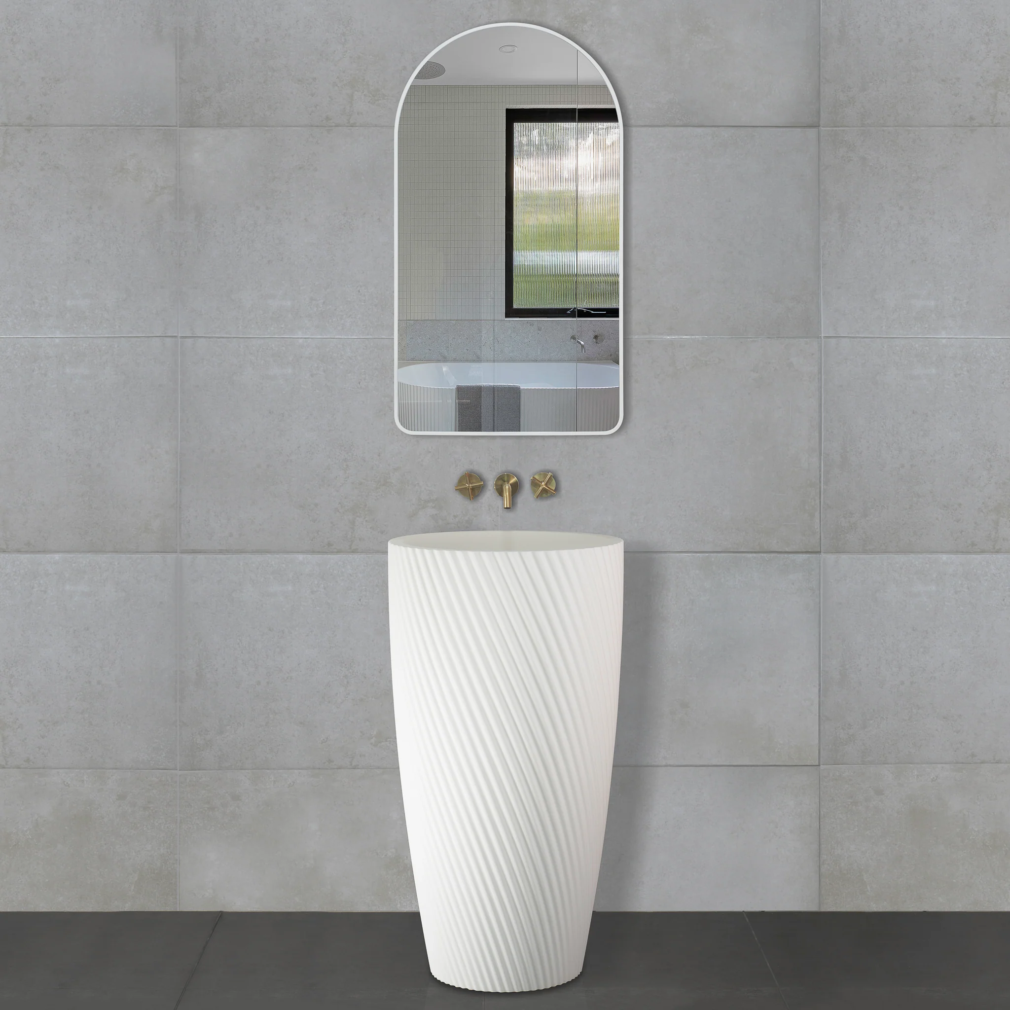 Circa Swirl 500mm Round Fluted Artificial Stone Pedestal Basin | Matte White | - Image 3