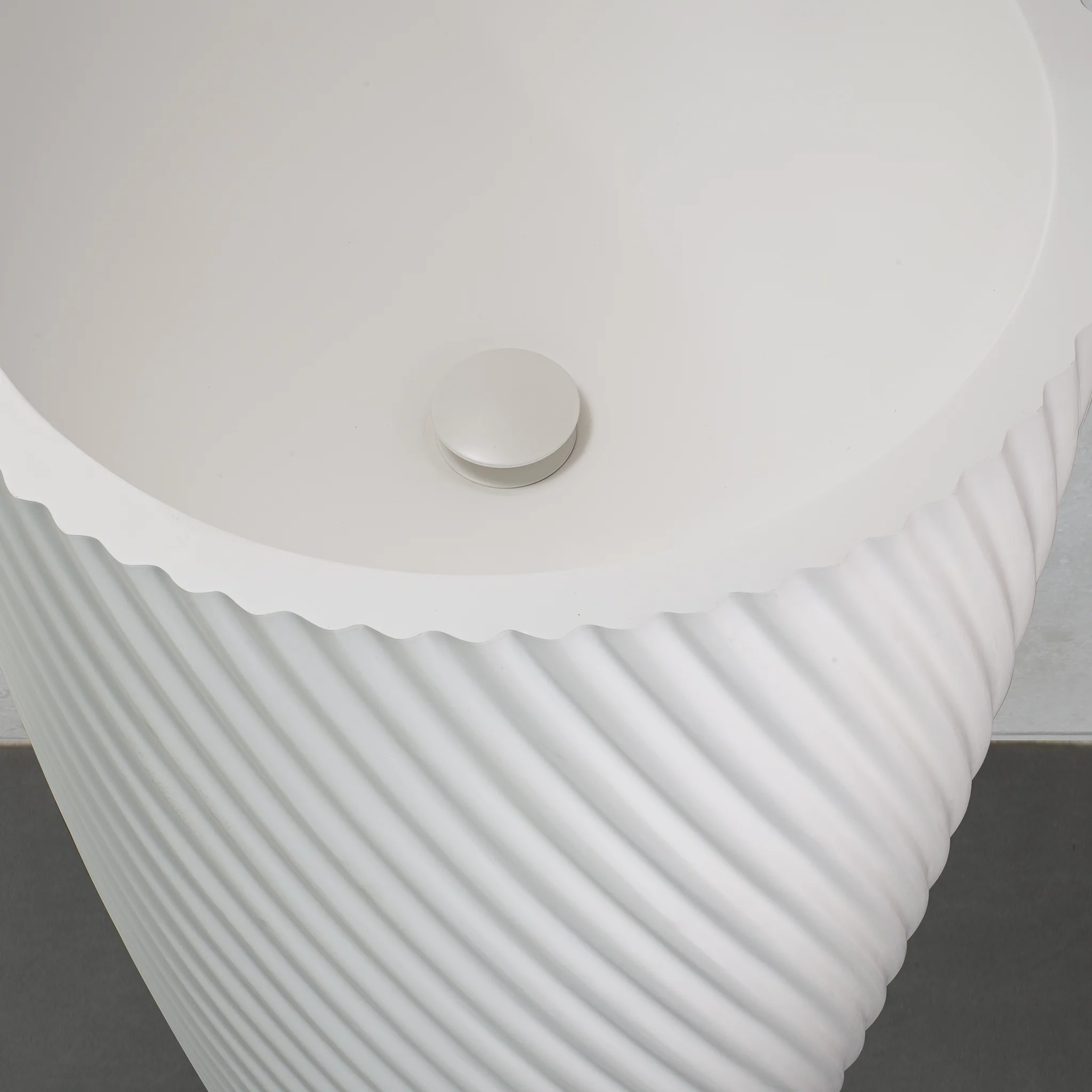 Circa Swirl 500mm Round Fluted Artificial Stone Pedestal Basin | Matte White | - Image 4
