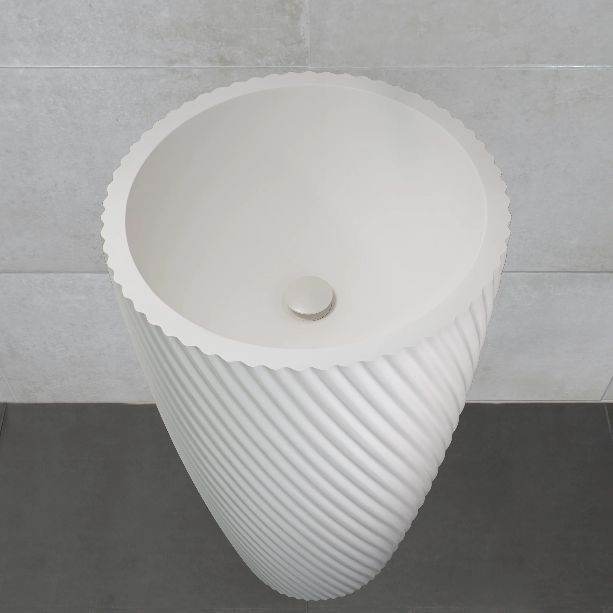 Circa Swirl 500mm Round Fluted Artificial Stone Pedestal Basin | Matte White | - Image 5