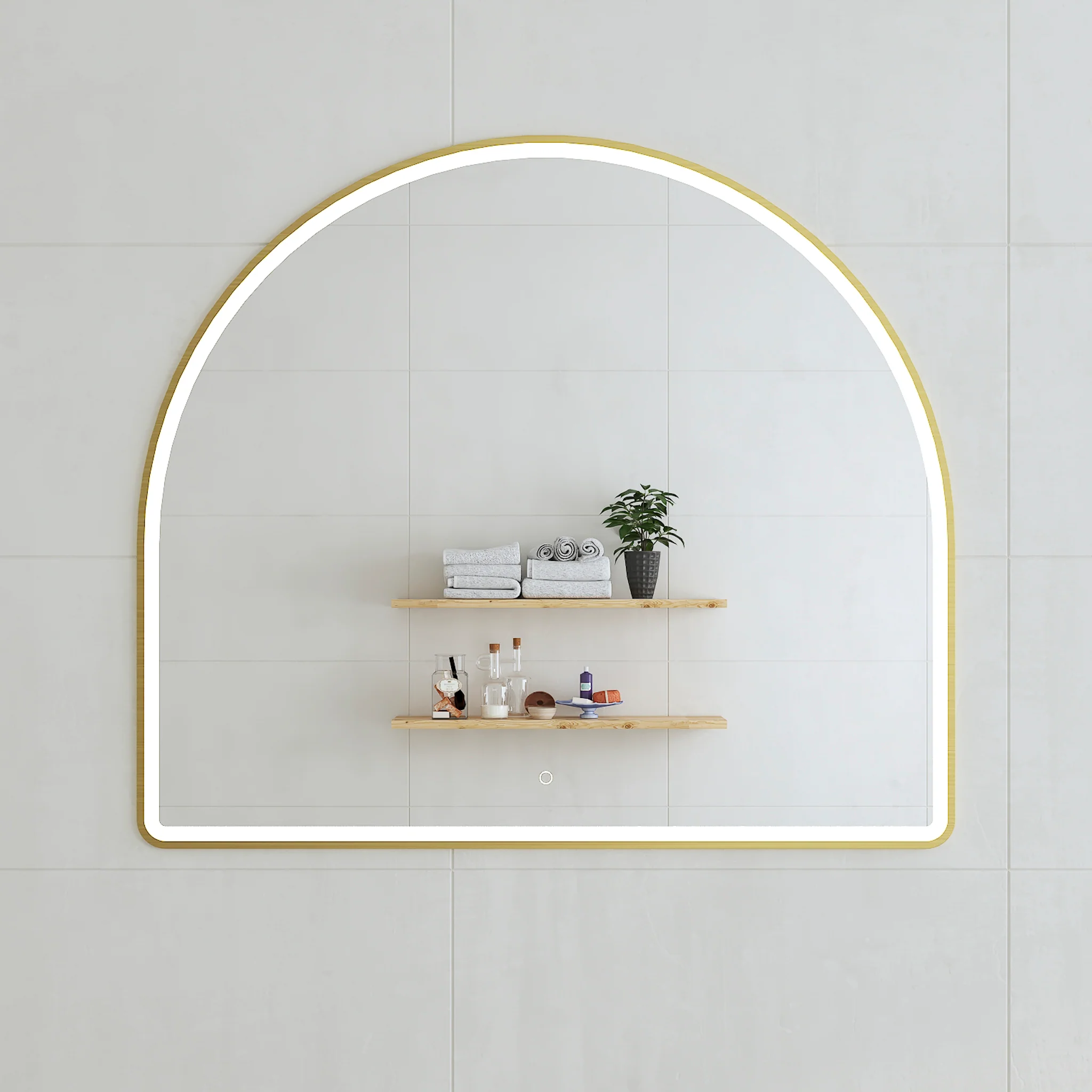 *Clearance* Arco Arch 1150mm x 1000mm Frontlit LED Framed Mirror with Demister, Brushed Brass (Gold) Frame