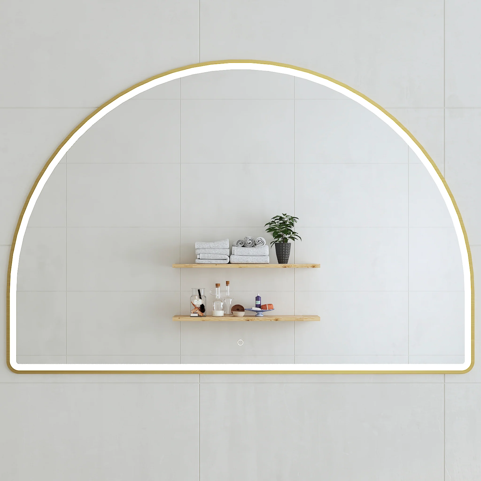Arco Arch 1500mm x 1000mm Frontlit LED Framed Mirror with Demister, Brushed Brass (Gold) Frame