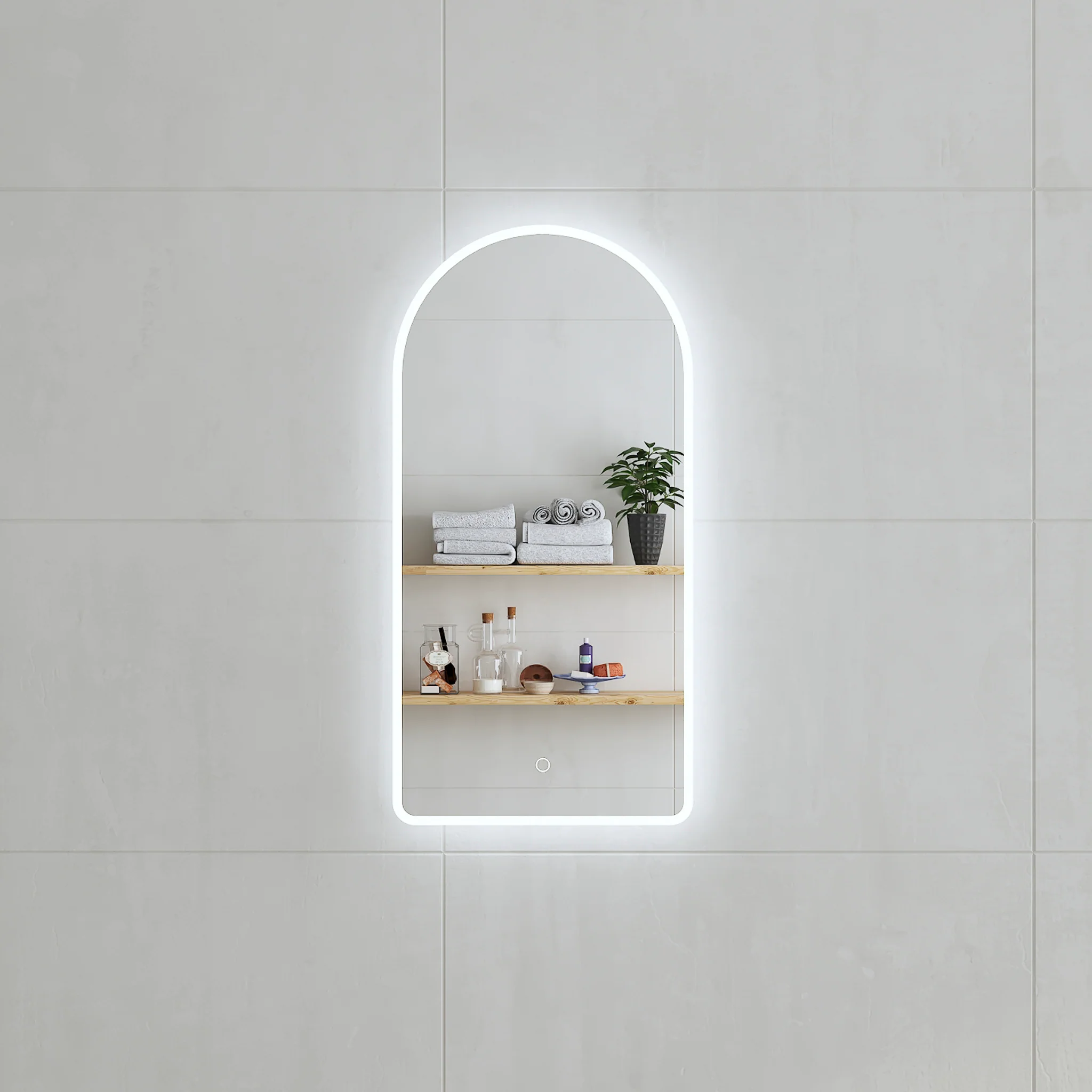 Arco Arch 400mm x 800mm Frontlit and Backlit LED Frameless Mirror with Frosted Glass Border and Demister