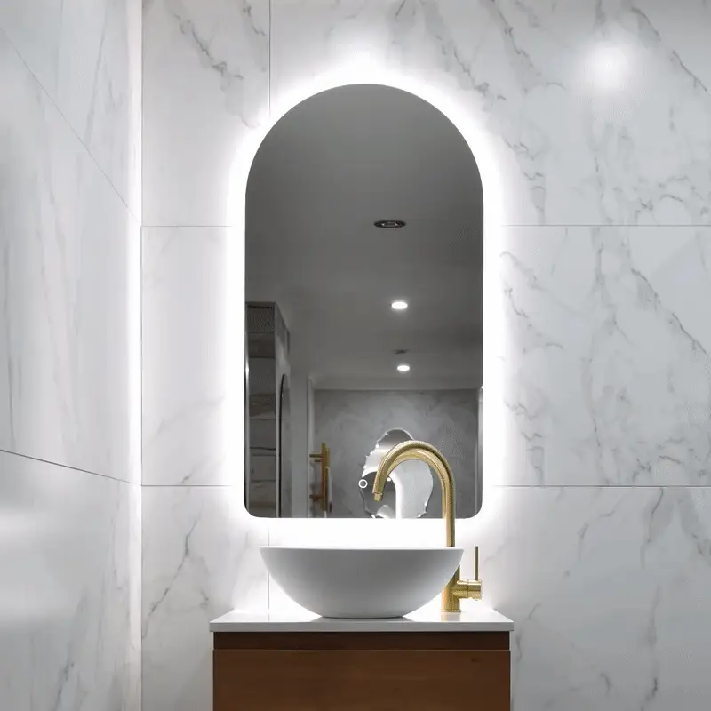 *Clearance* Arco Arch 550mm x 1000mm Frontlit and Backlit LED Frameless Mirror with Frosted Glass Border and Demister