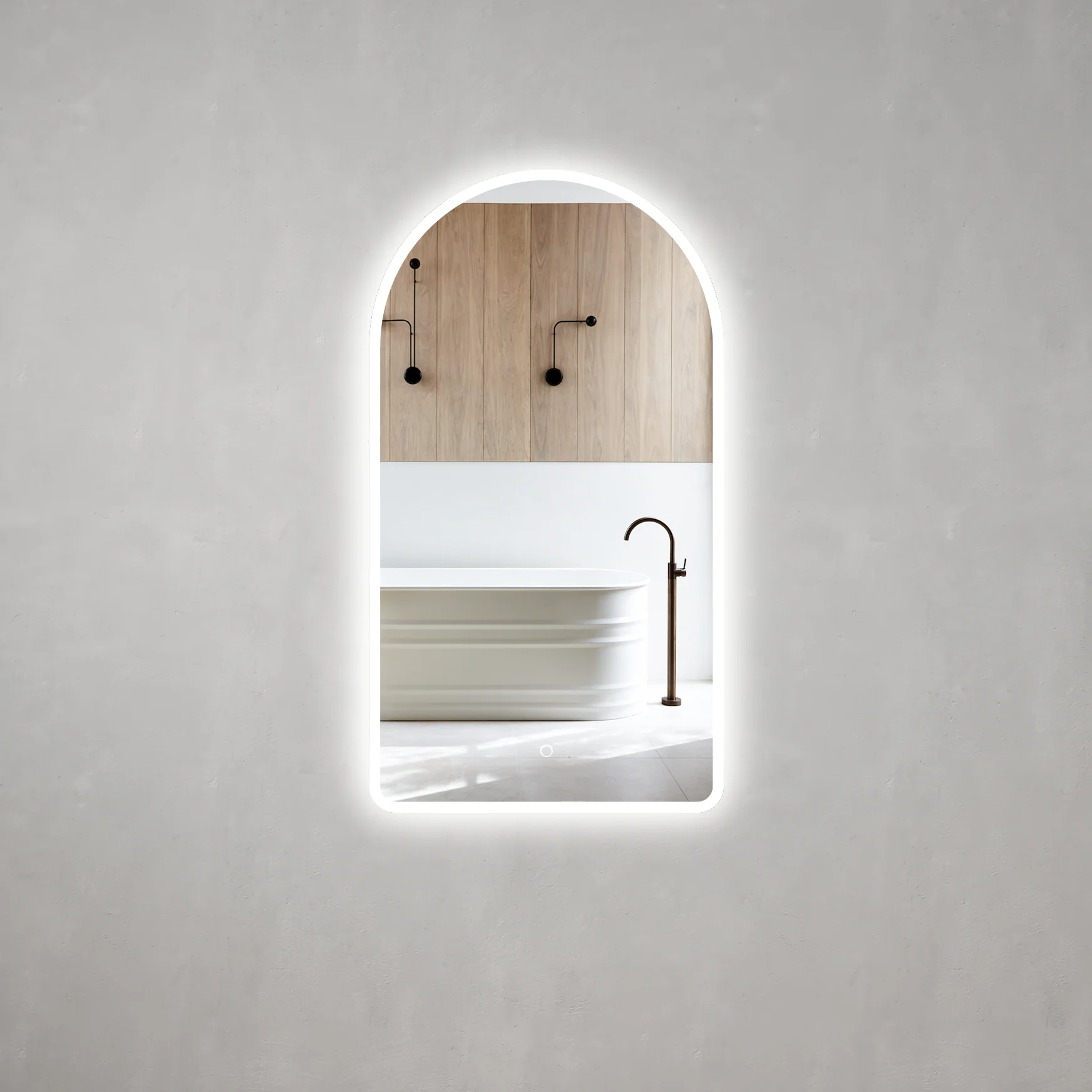 *Clearance* Arco Arch 550mm x 1000mm Frontlit and Backlit LED Frameless Mirror with Frosted Glass Border and Demister - Image 2