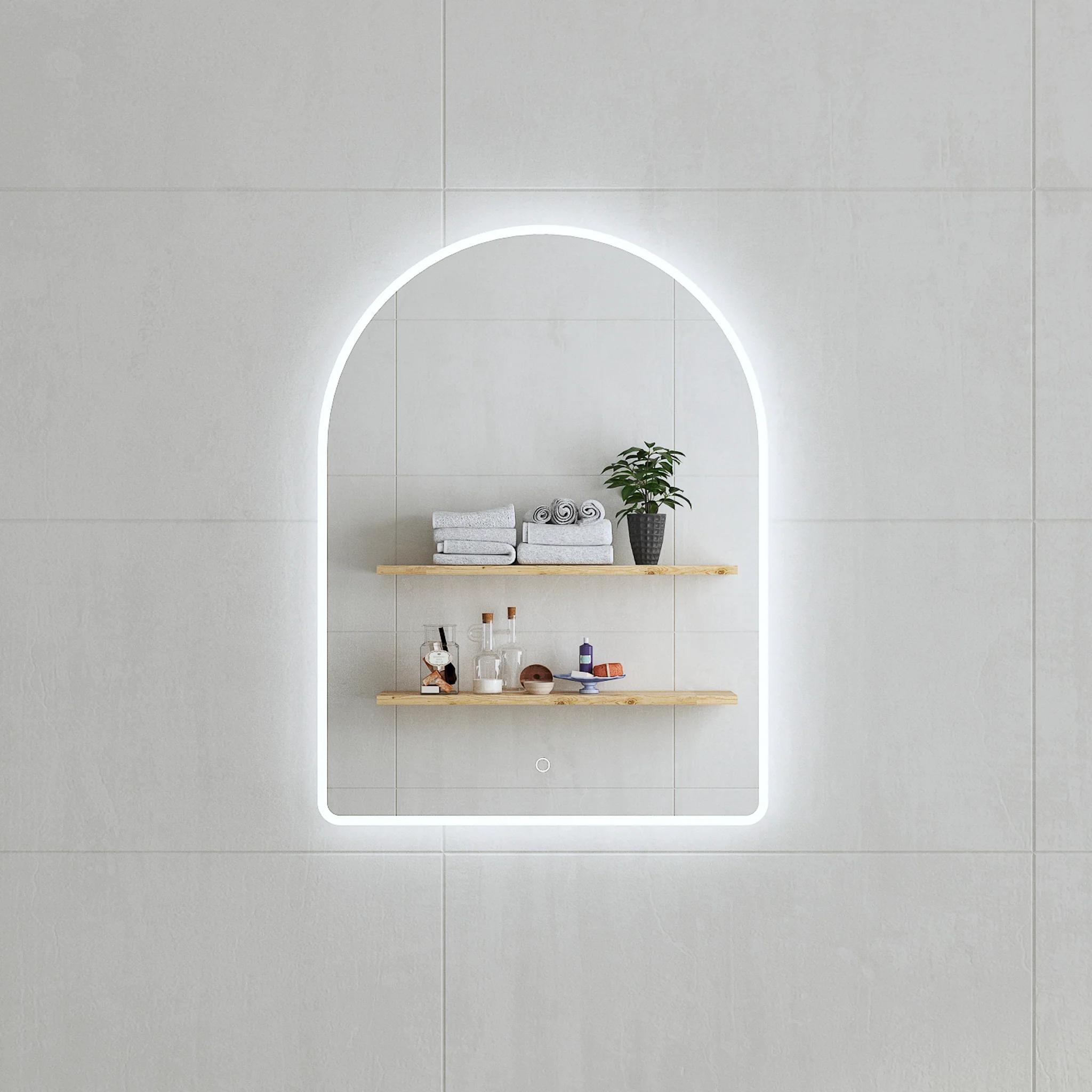 *Clearance* Arco Arch 600mm x 800mm Frontlit and Backlit LED Frameless Mirror with Frosted Glass Border and Demister