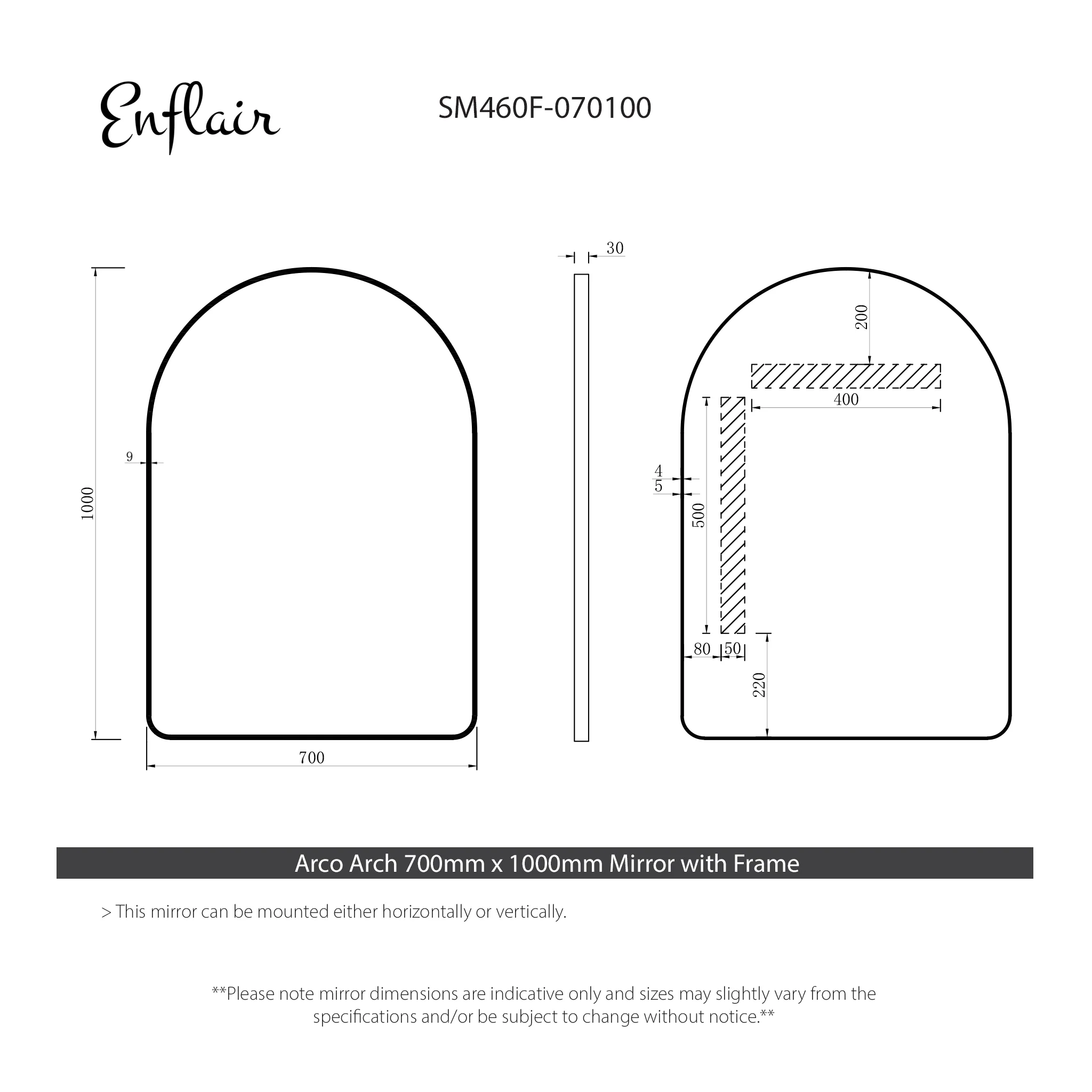 *Clearance* Arco Arch 700mm x 1000mm Framed Mirror, Matte Black Frame - Image 6