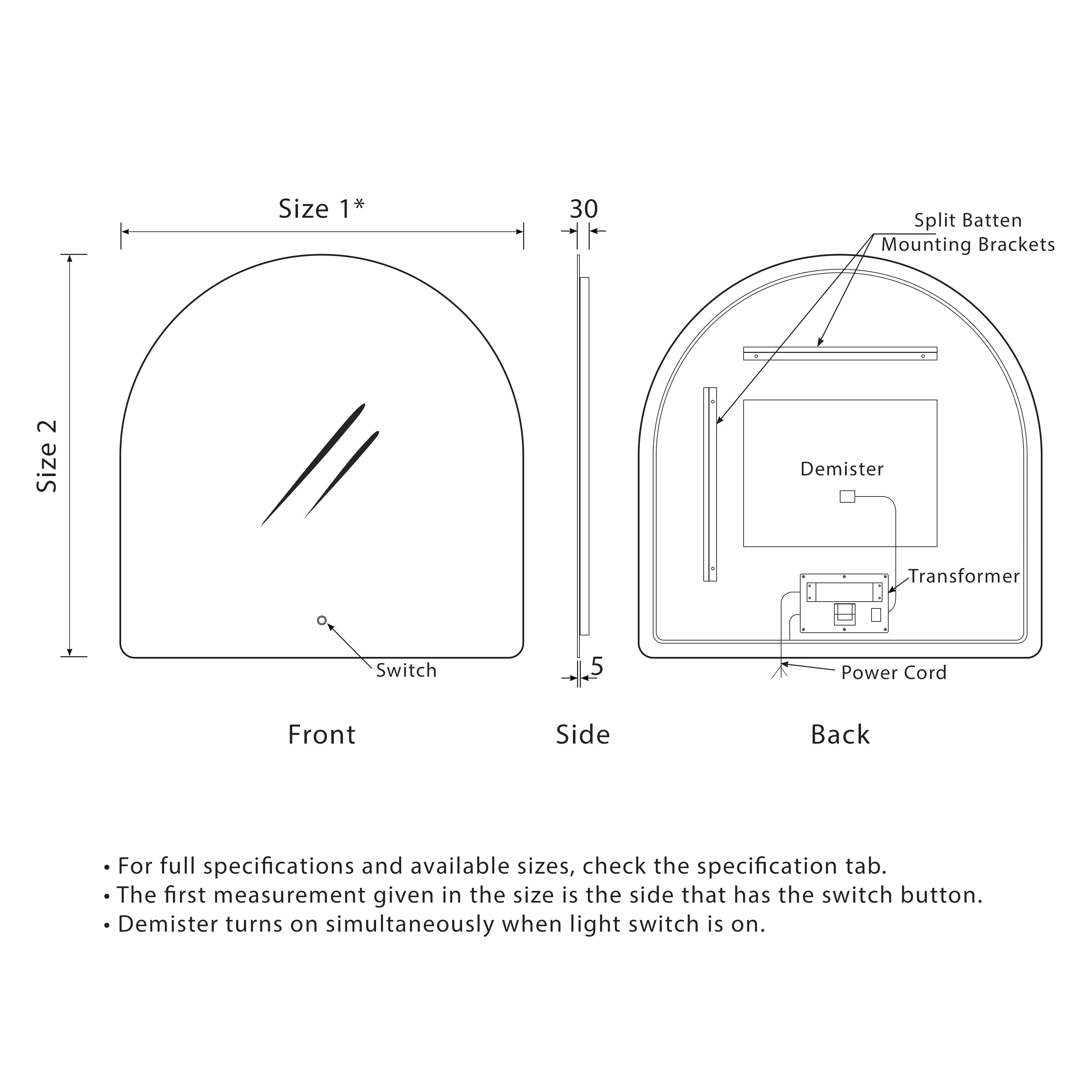 Arco Arch 800mm x 800mm Backlit LED Frameless Mirror with Polished Edge and Demister - Image 4
