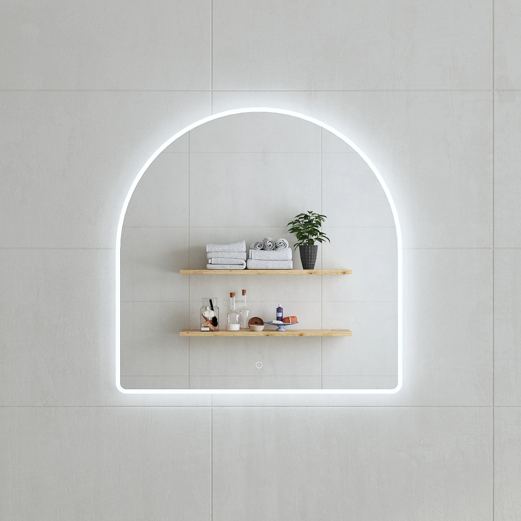 Arco Arch 800mm x 800mm Frontlit and Backlit LED Frameless Mirror with Frosted Glass Border and Demister