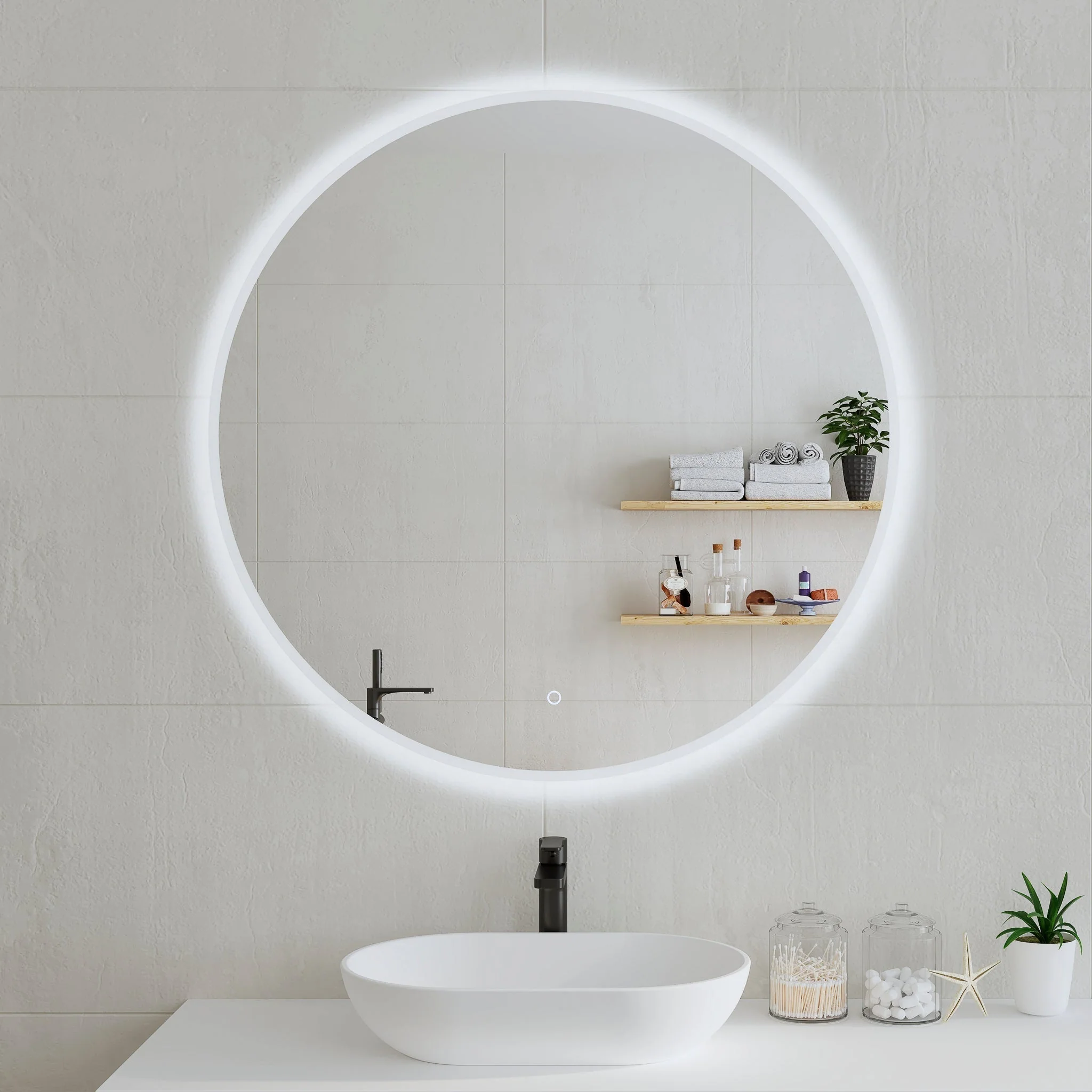 *Clearance* Circa Round 1000mm Frontlit and Backlit LED Frameless Mirror with Frosted Glass Border and Demister