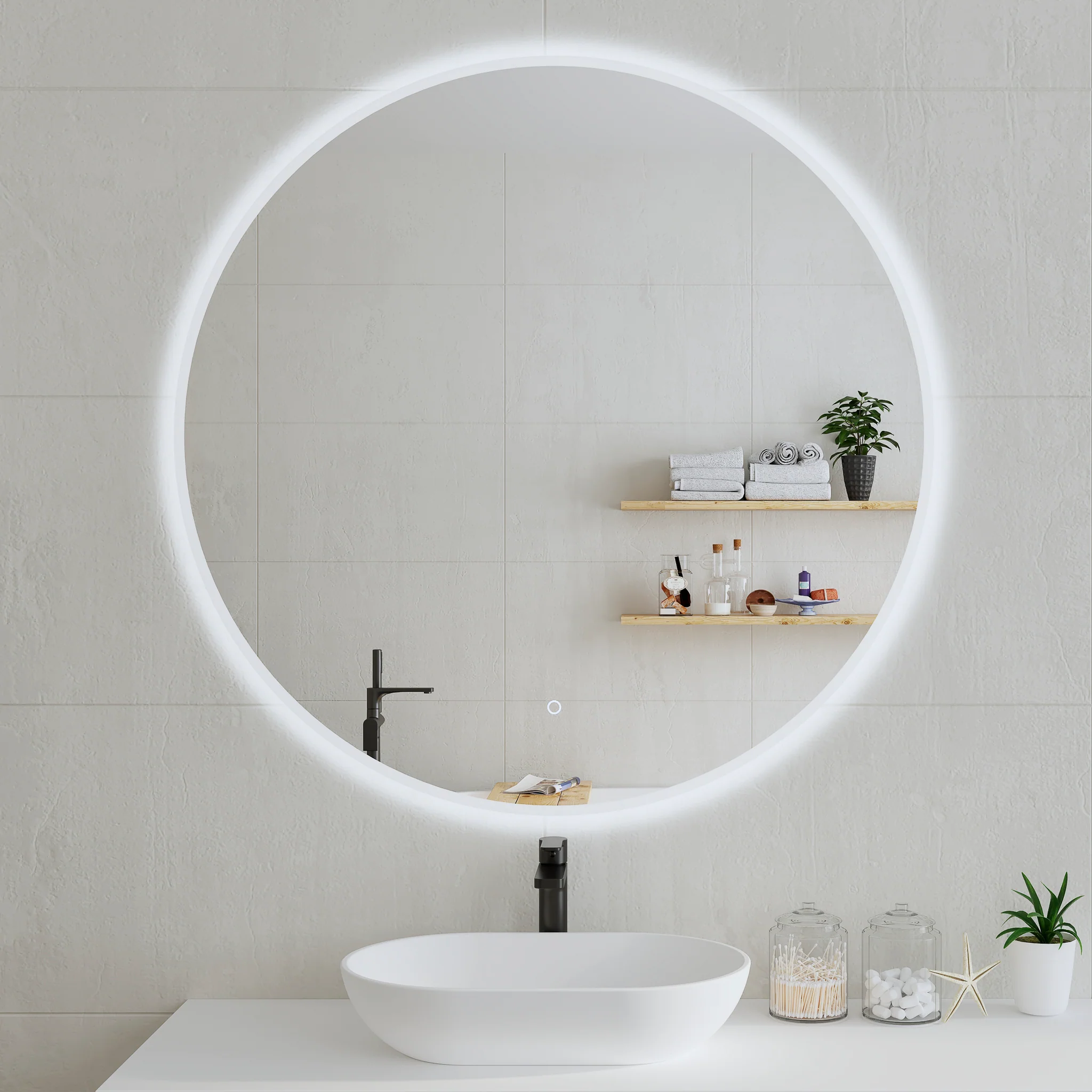 Circa Round 1100mm Frontlit and Backlit LED Frameless Mirror with Frosted Glass Border and Demister