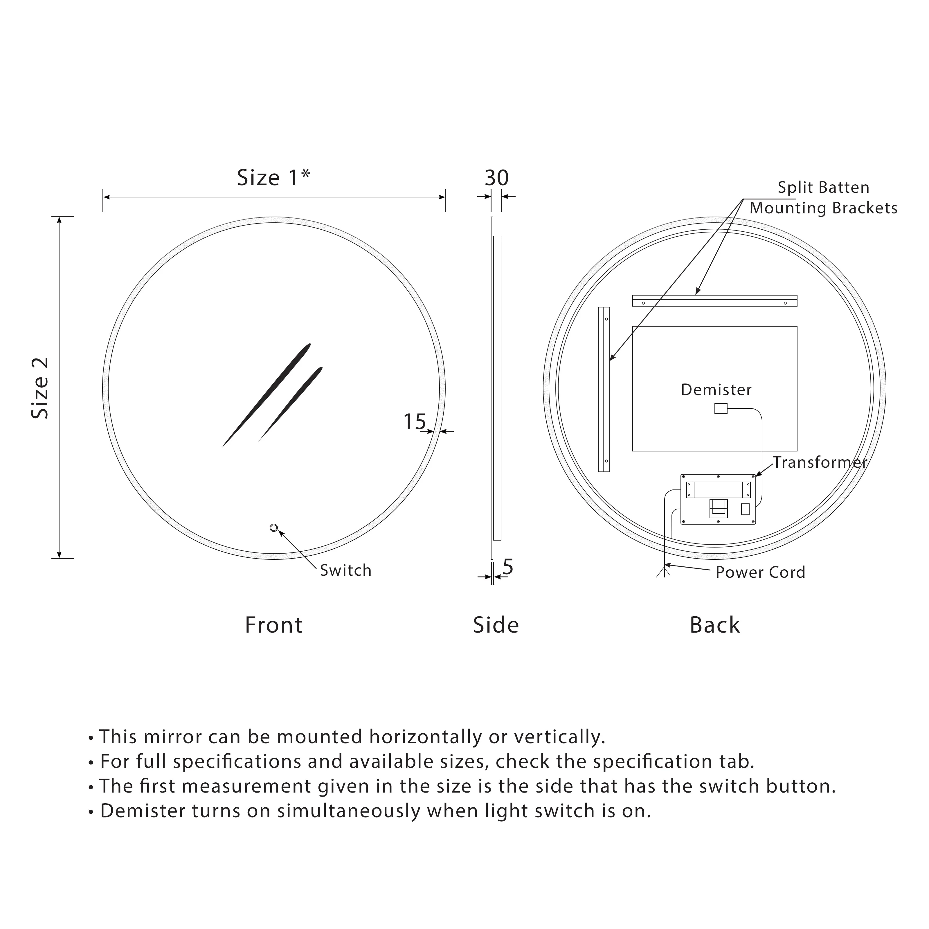 Circa Round 1100mm Frontlit and Backlit LED Frameless Mirror with Frosted Glass Border and Demister - Image 7