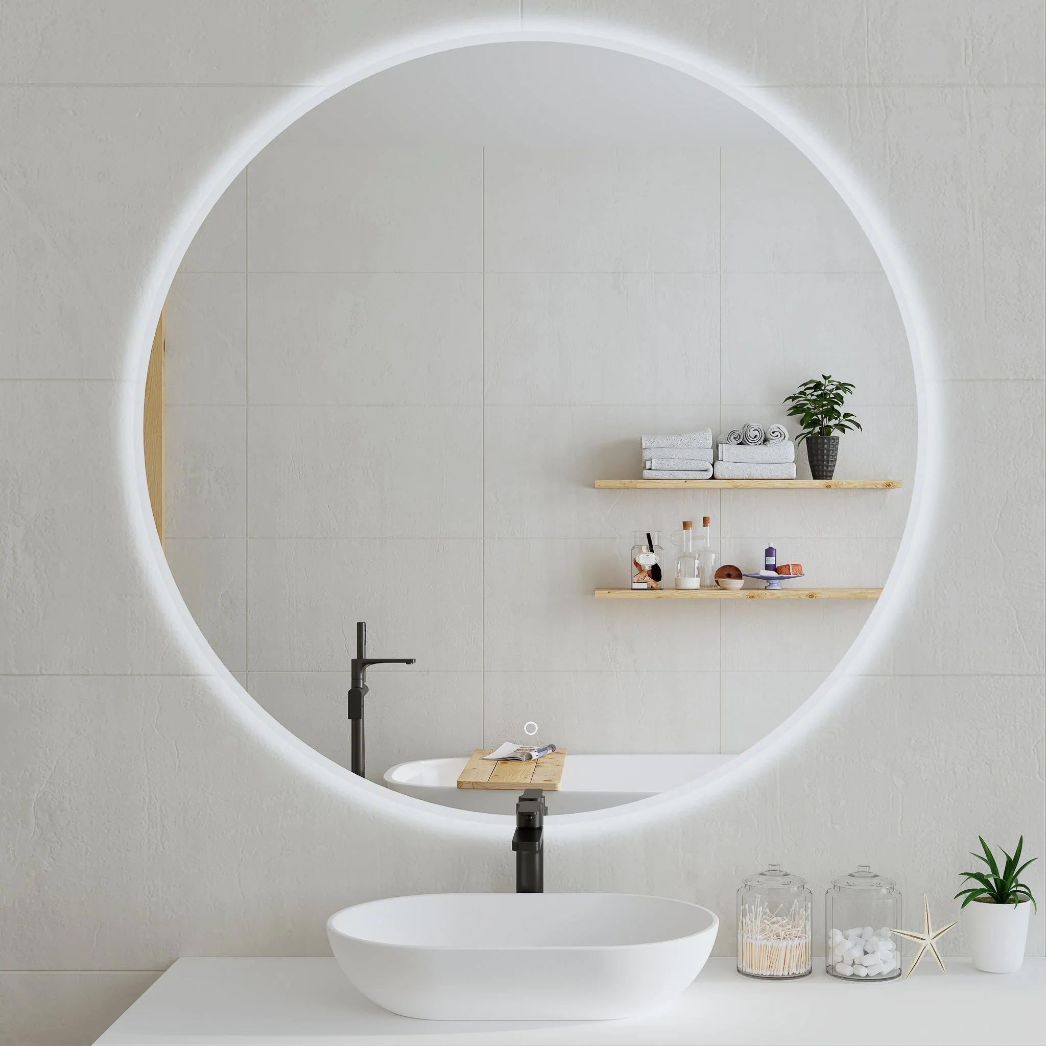 *Clearance* Circa Round 1200mm Frontlit and Backlit LED Frameless Mirror with Frosted Glass Border and Demister