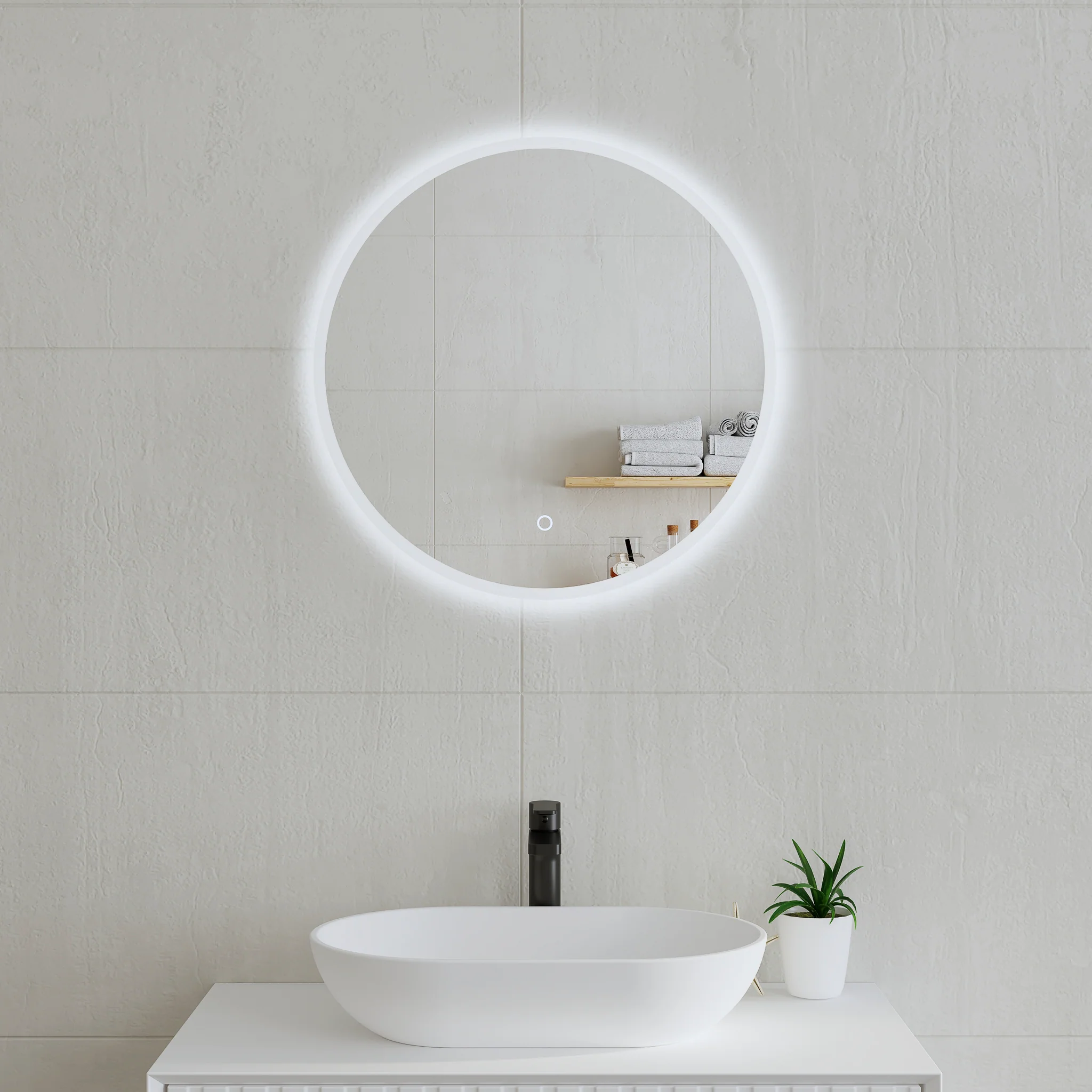Circa Round 600mm Frontlit and Backlit LED Frameless Mirror with Frosted Glass Border and Demister
