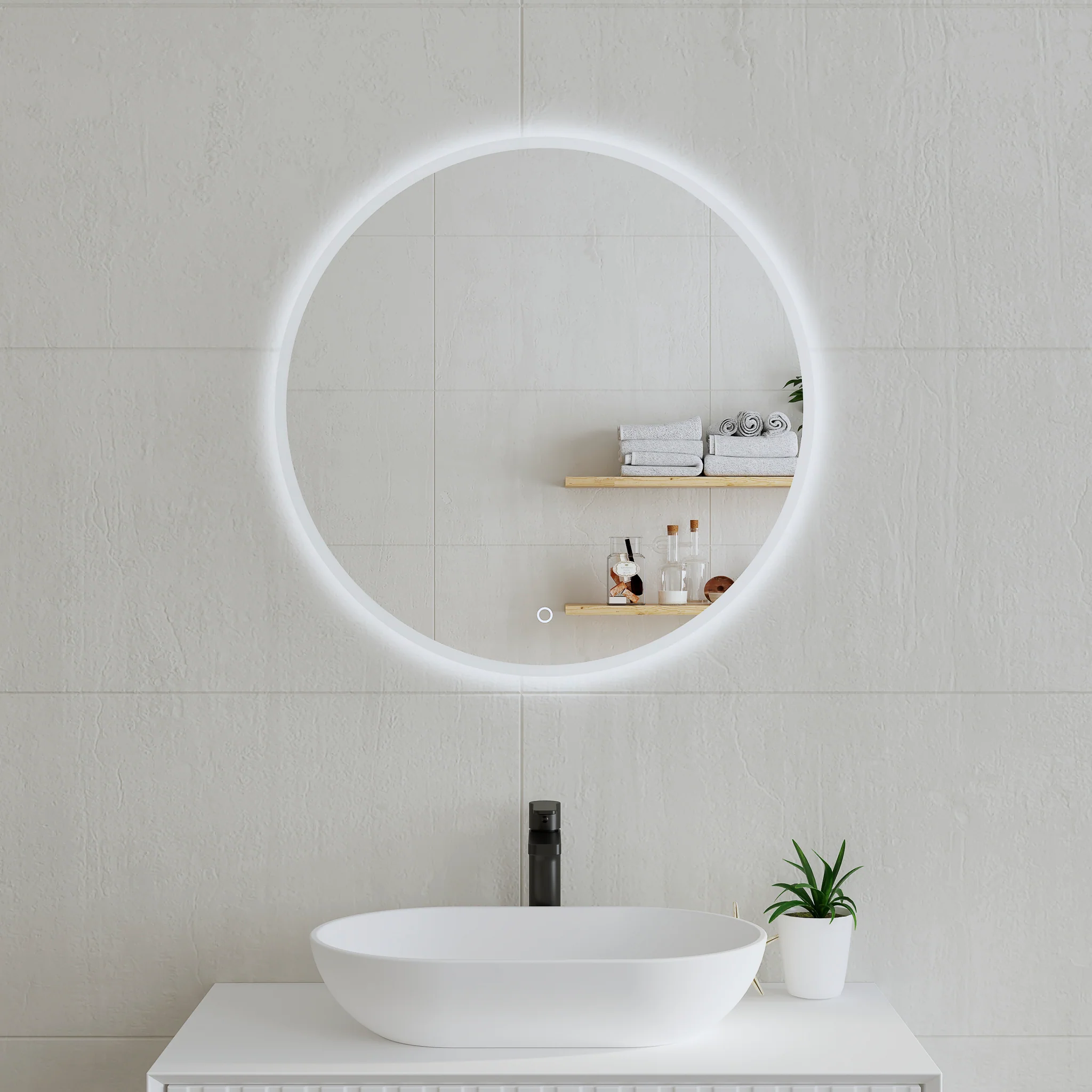 *Clearance* Circa Round 700mm Frontlit and Backlit LED Frameless Mirror with Frosted Glass Border and Demister