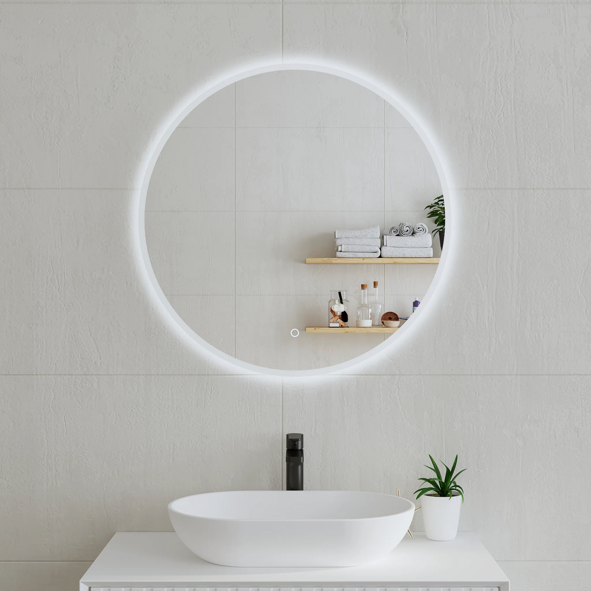 Circa Round 750mm Frontlit and Backlit LED Frameless Mirror with Frosted Glass Border and Demister