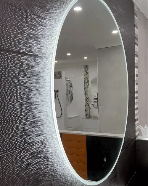 Circa Round 750mm Frontlit and Backlit LED Frameless Mirror with Frosted Glass Border and Demister - Image 2