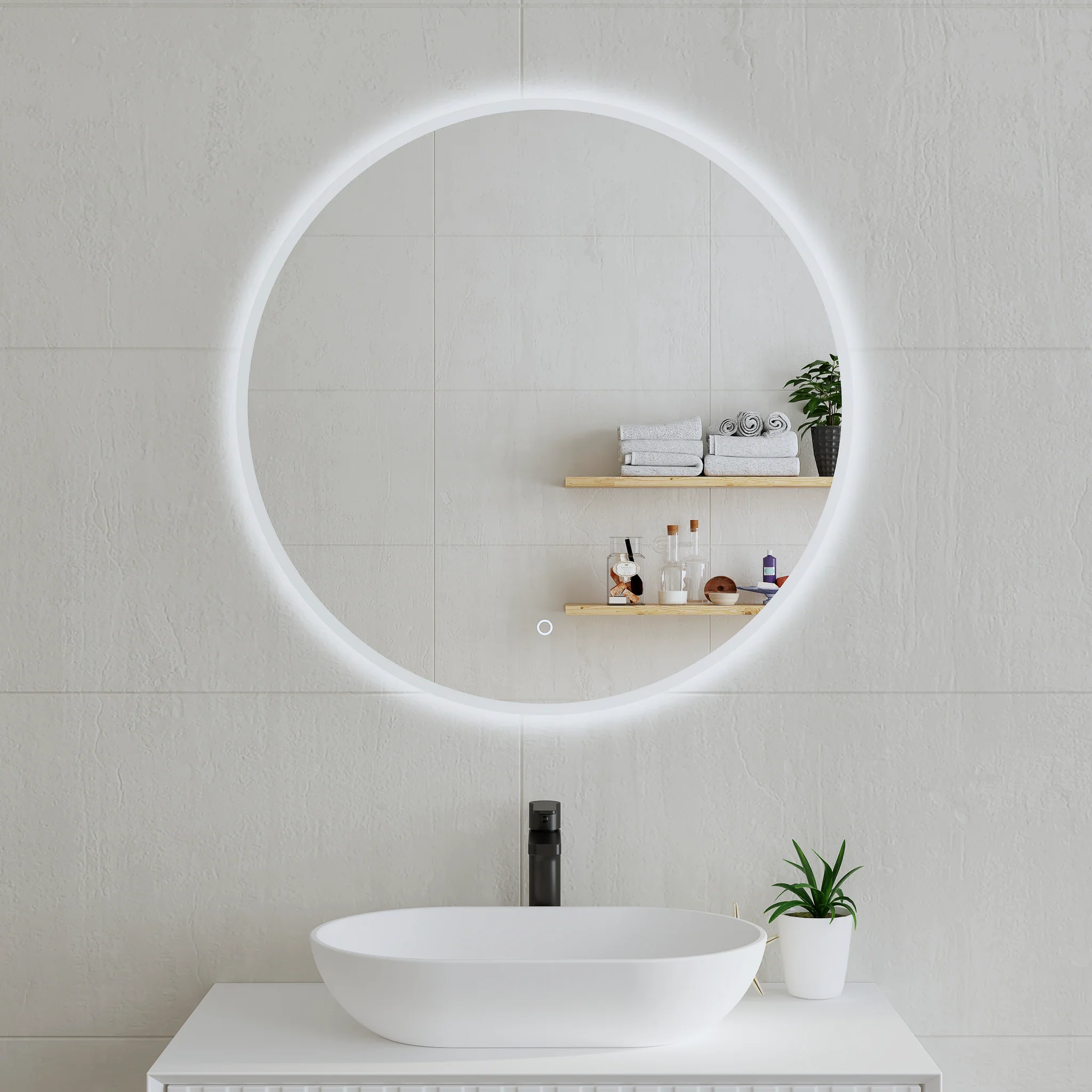 *Clearance* Circa Round 800mm Frontlit and Backlit LED Frameless Mirror with Frosted Glass Border and Demister