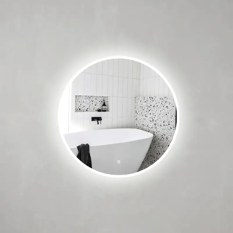 Circa Round 900mm Frontlit and Backlit LED Frameless Mirror with Frosted Glass Border and Demister - Image 3