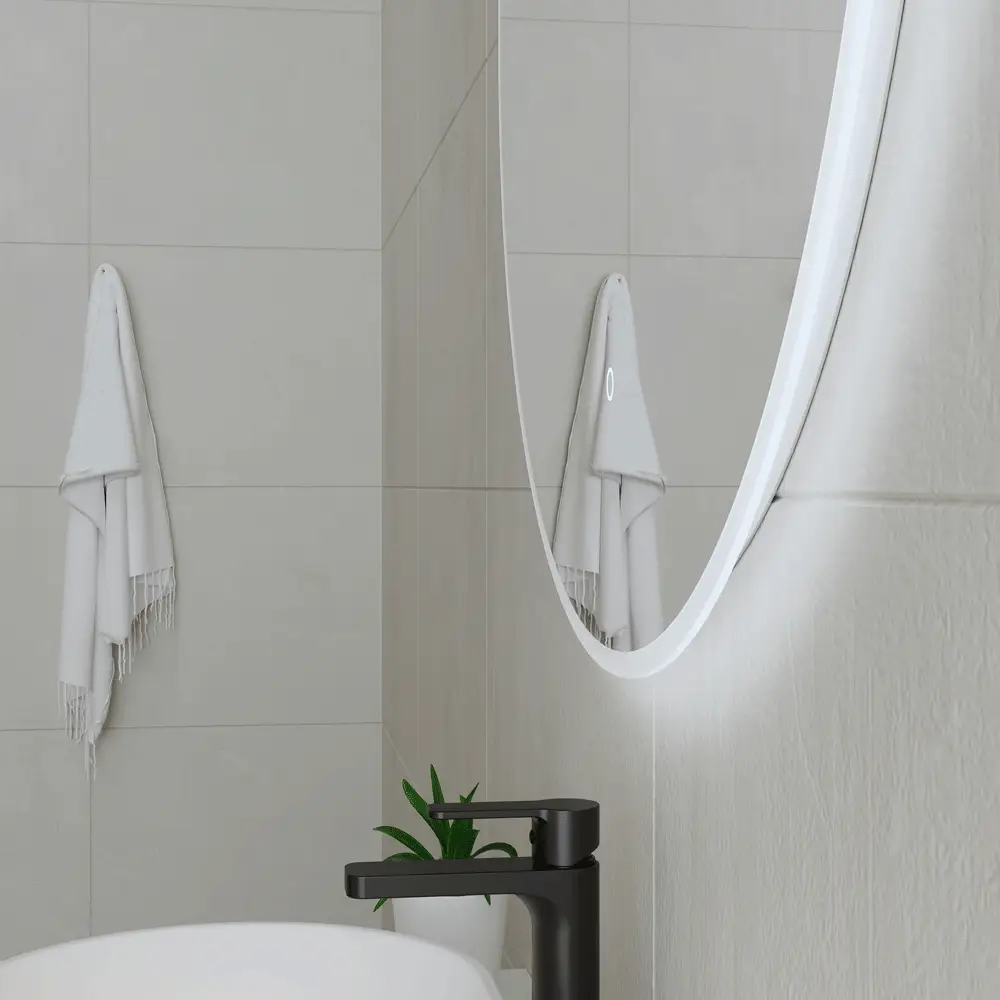 Circa Round 900mm Frontlit and Backlit LED Frameless Mirror with Frosted Glass Border and Demister - Image 4
