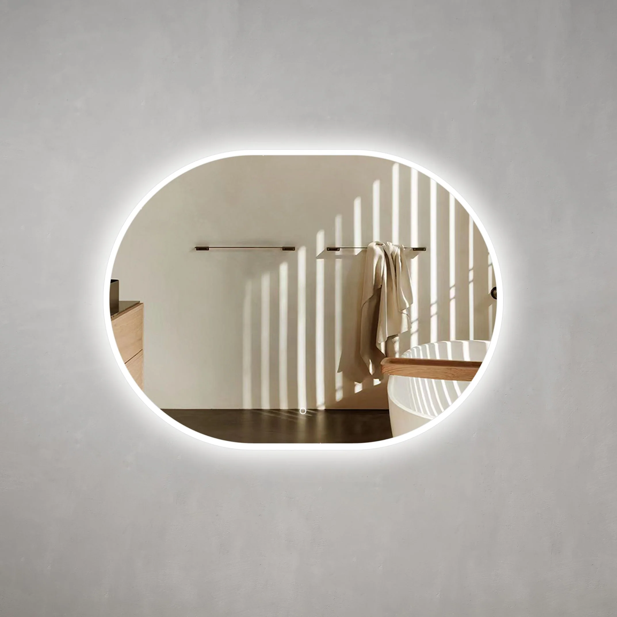 Pill Oval 1200mm x 900mm Frontlit and Backlit LED Frameless Mirror with Frosted Glass Border and Demister - Image 3