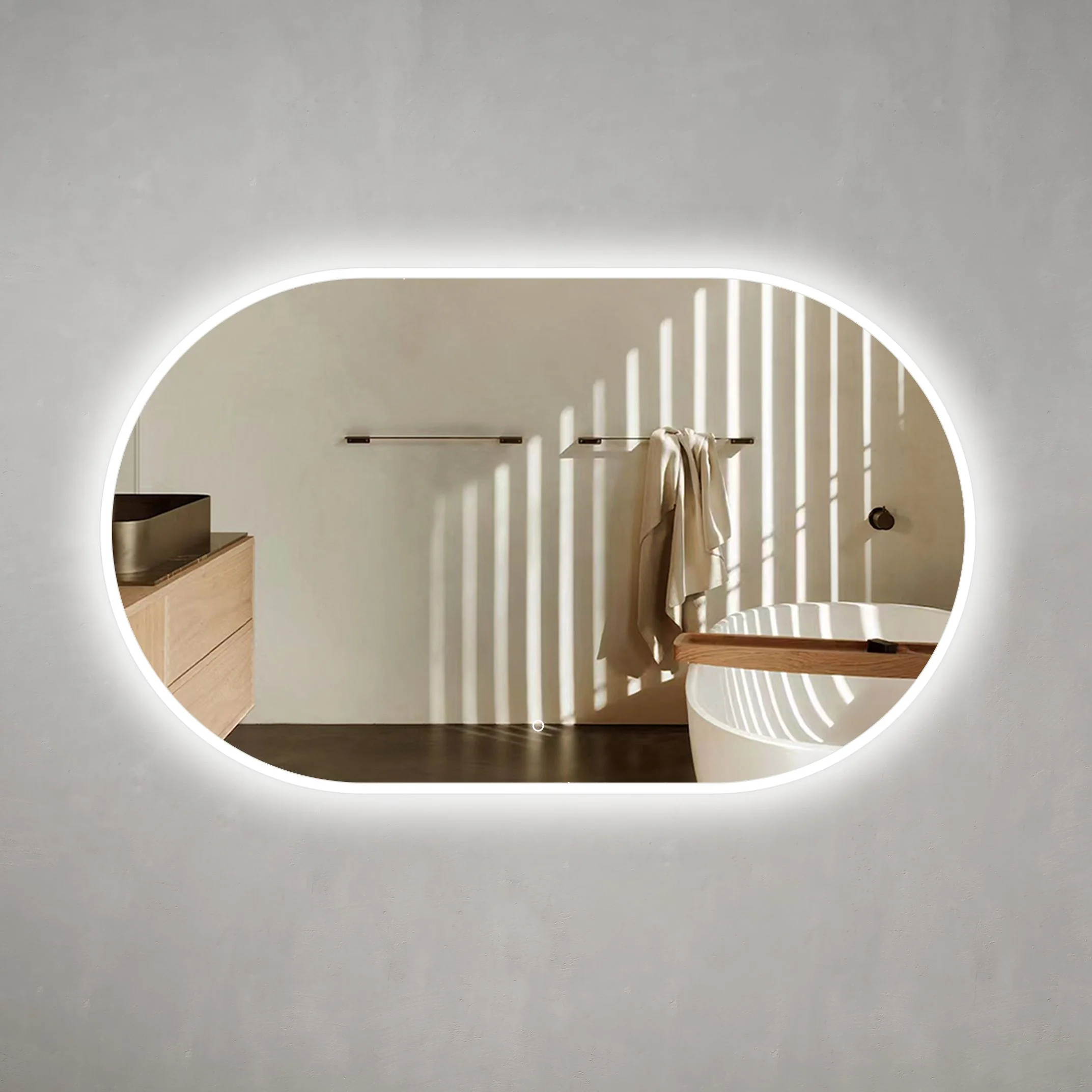 Pill Oval 1500mm x 600mm Frontlit and Backlit LED Frameless Mirror with Frosted Glass Border and Demister - Image 3