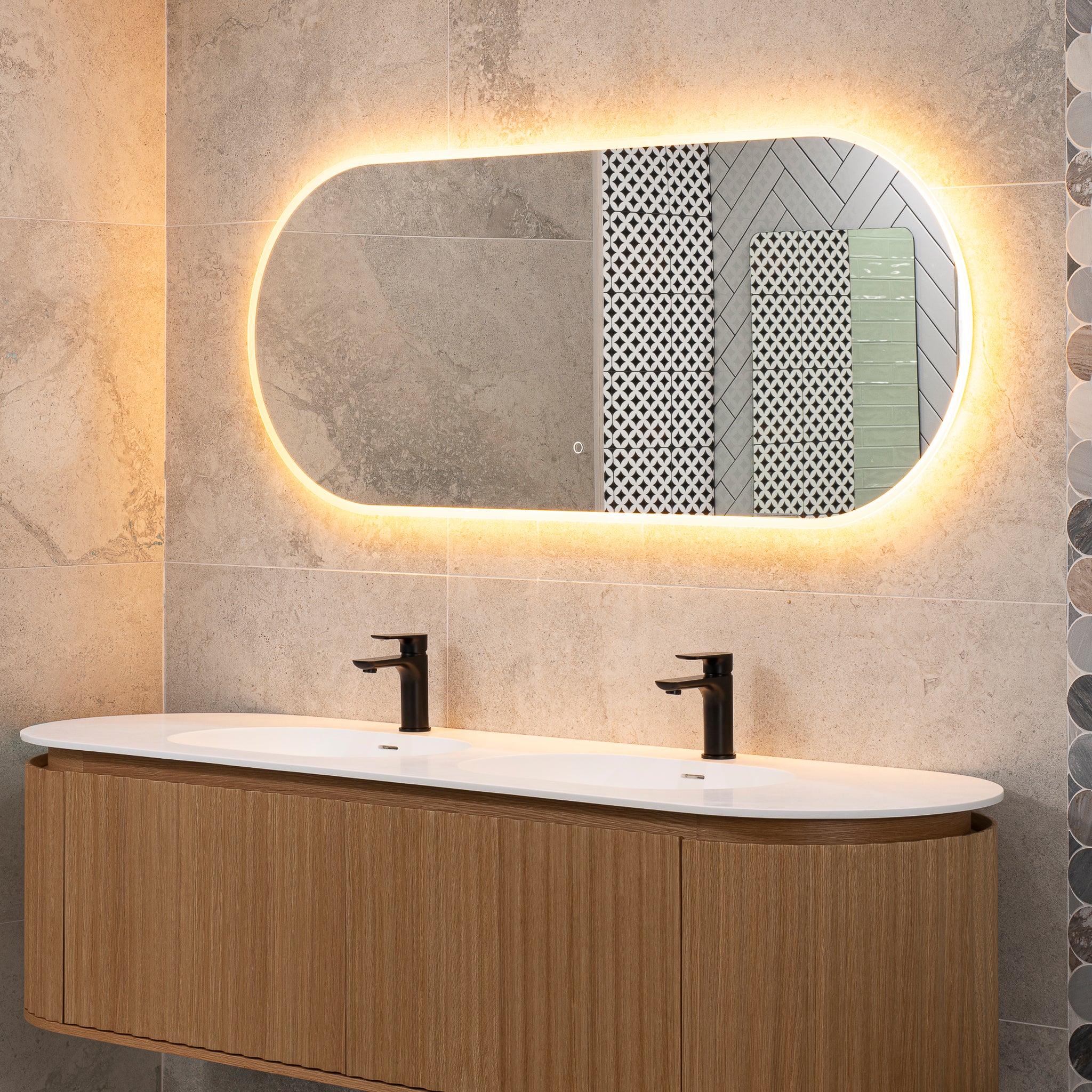 Pill Oval 1500mm x 600mm Frontlit and Backlit LED Frameless Mirror with Frosted Glass Border and Demister - Image 4