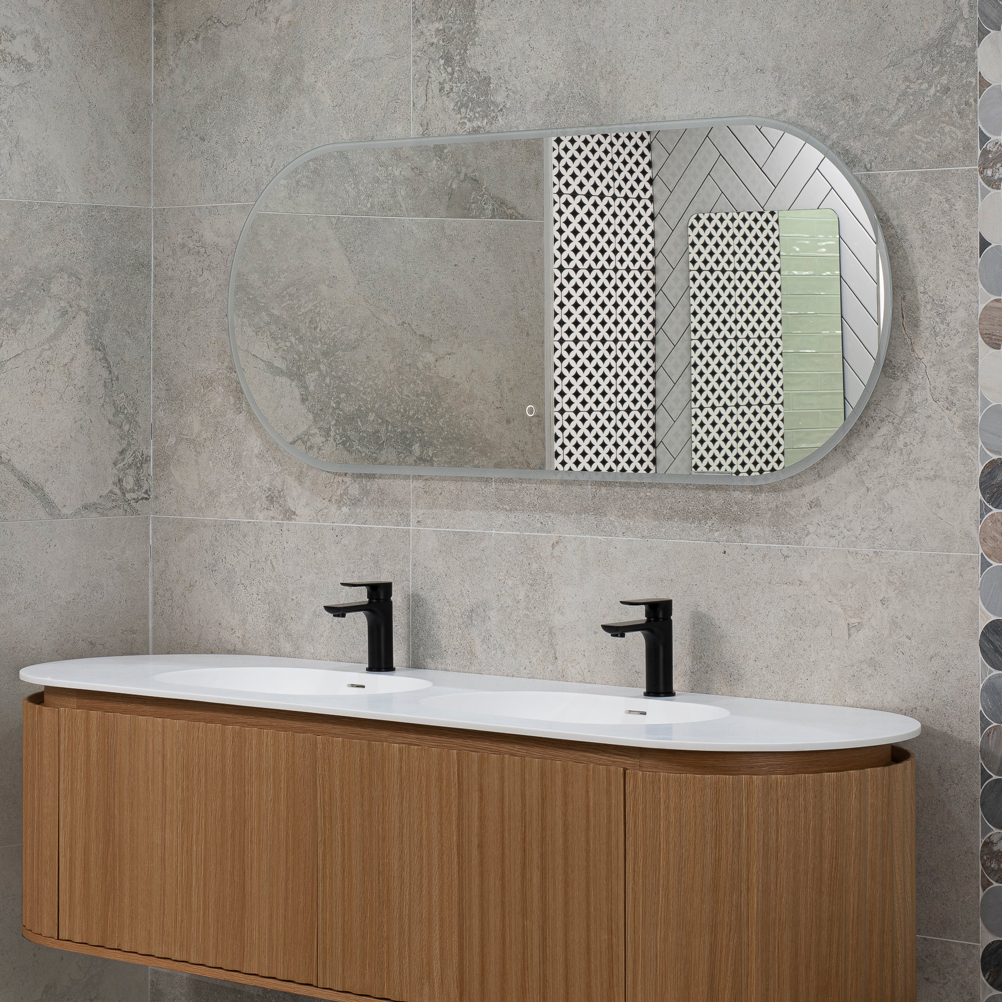 Pill Oval 1500mm x 600mm Frontlit and Backlit LED Frameless Mirror with Frosted Glass Border and Demister - Image 5