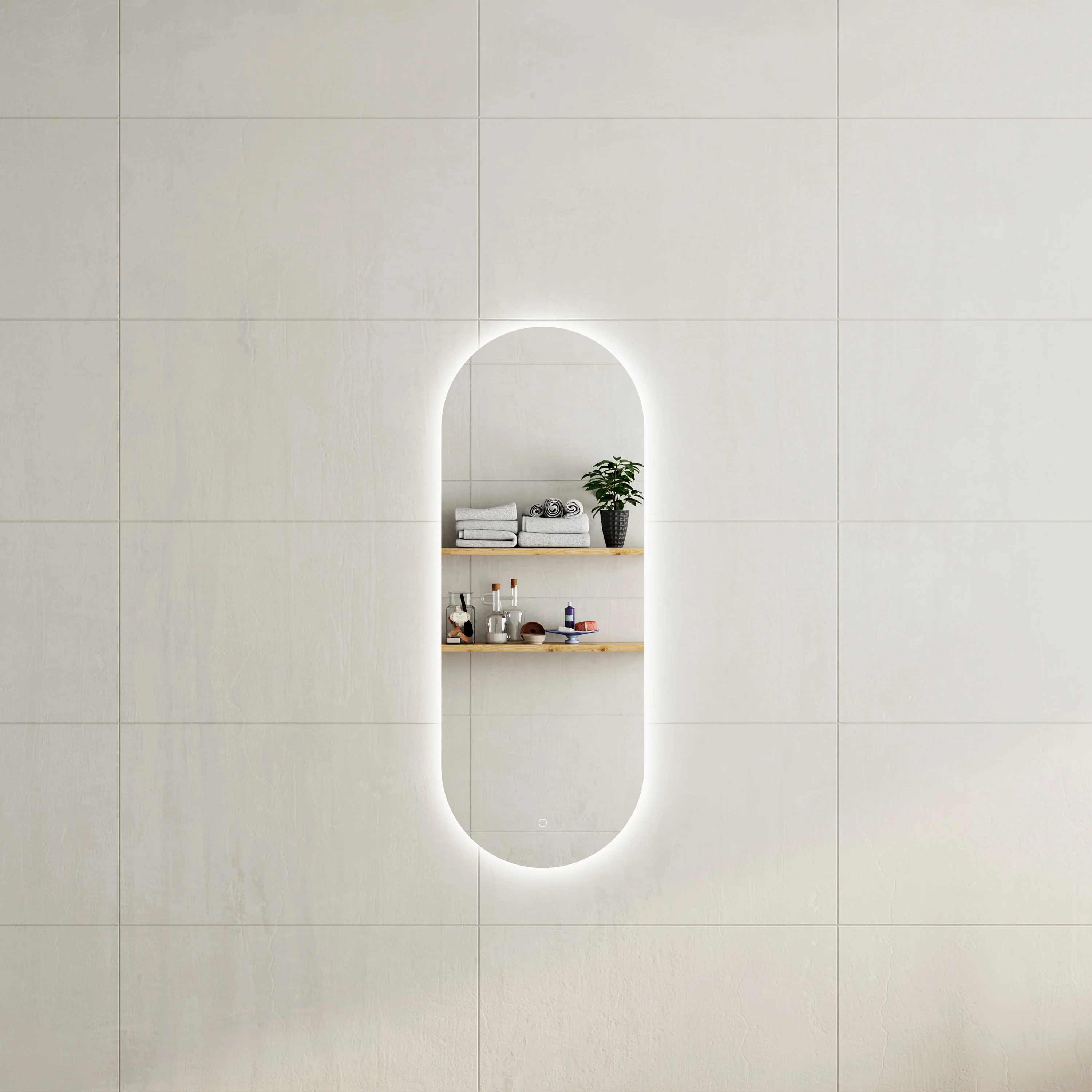 *Clearance* Pill Oval 450mm x 1200mm Backlit LED Frameless Mirror with Polished Edge and Demister